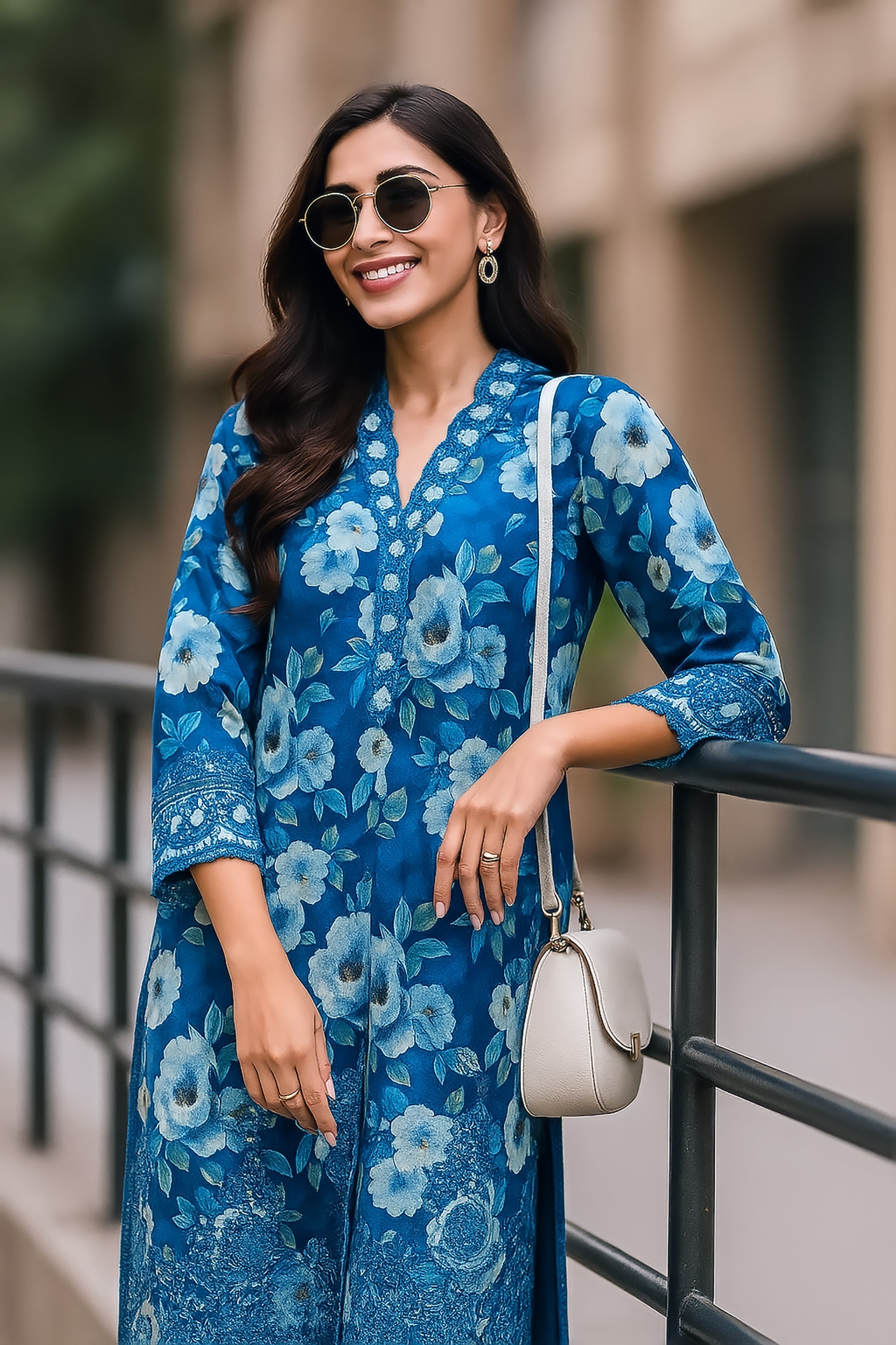 cambric Kurta Set in Blue