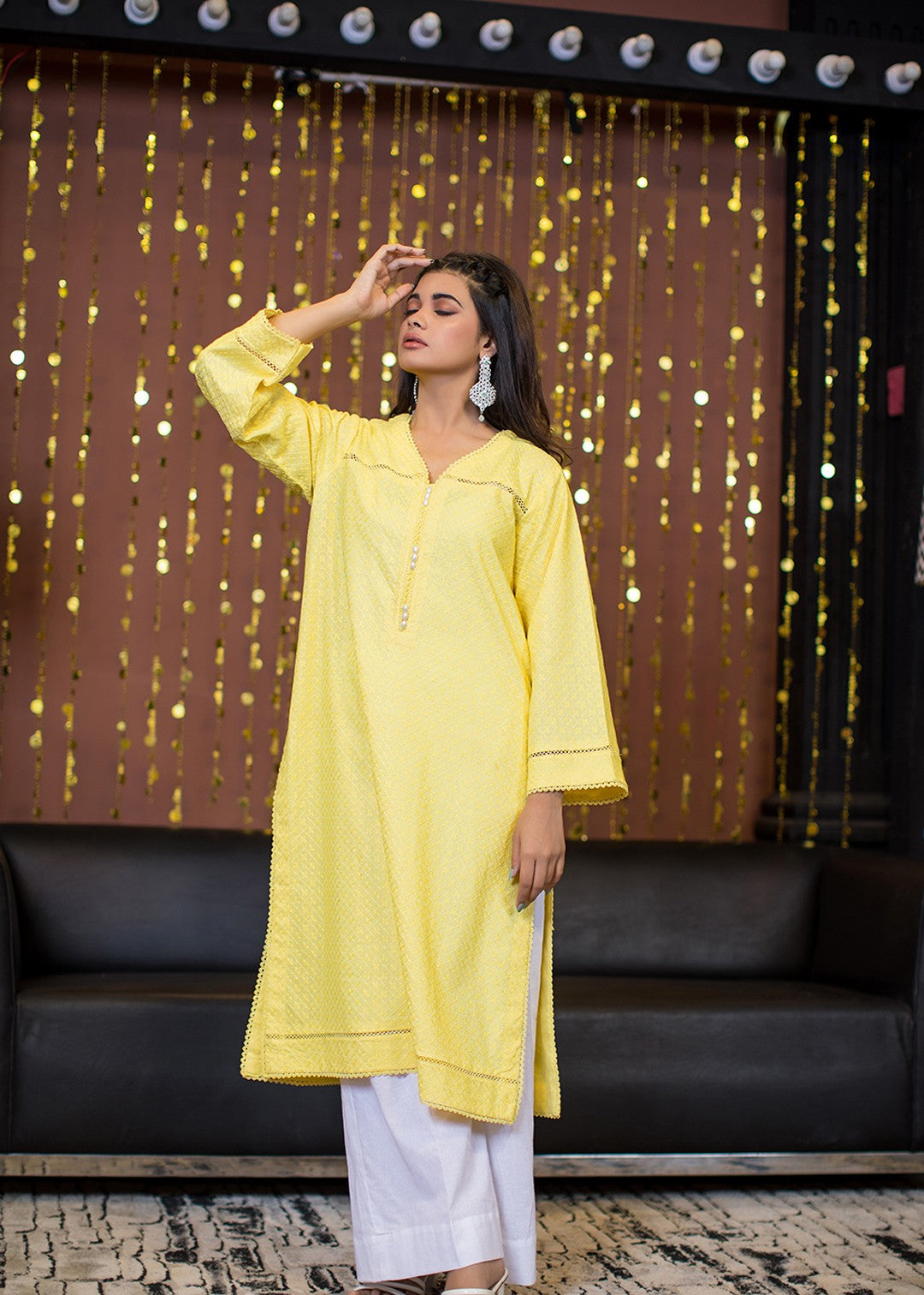 chikankari cotton Kurti in Lemon