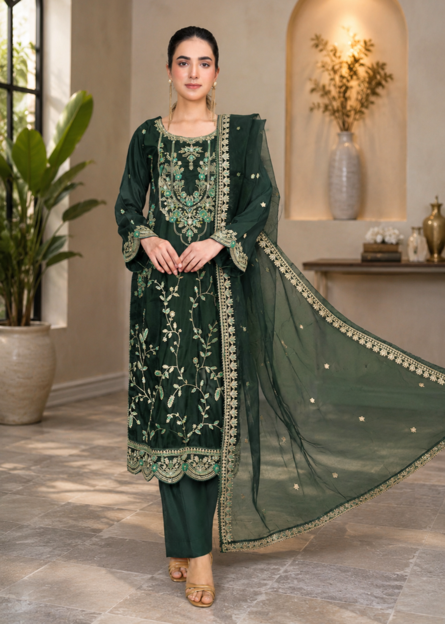 silk Kurta Set in Bottle green