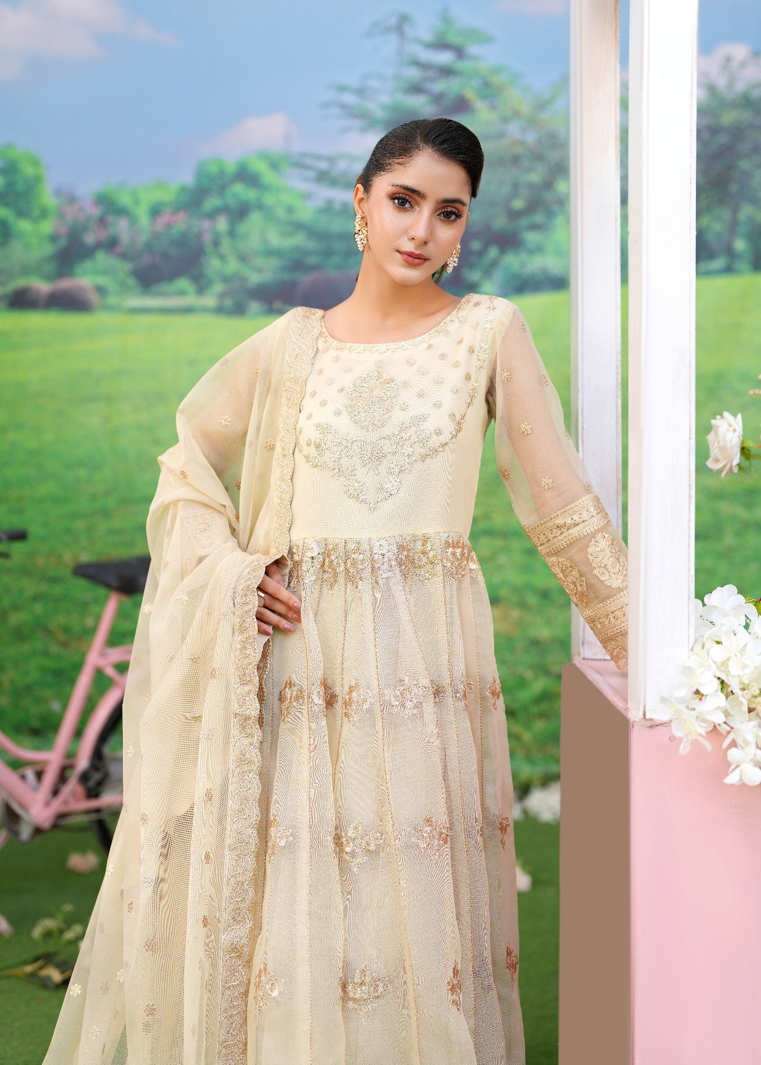 khaddi net Pishwas in Cream