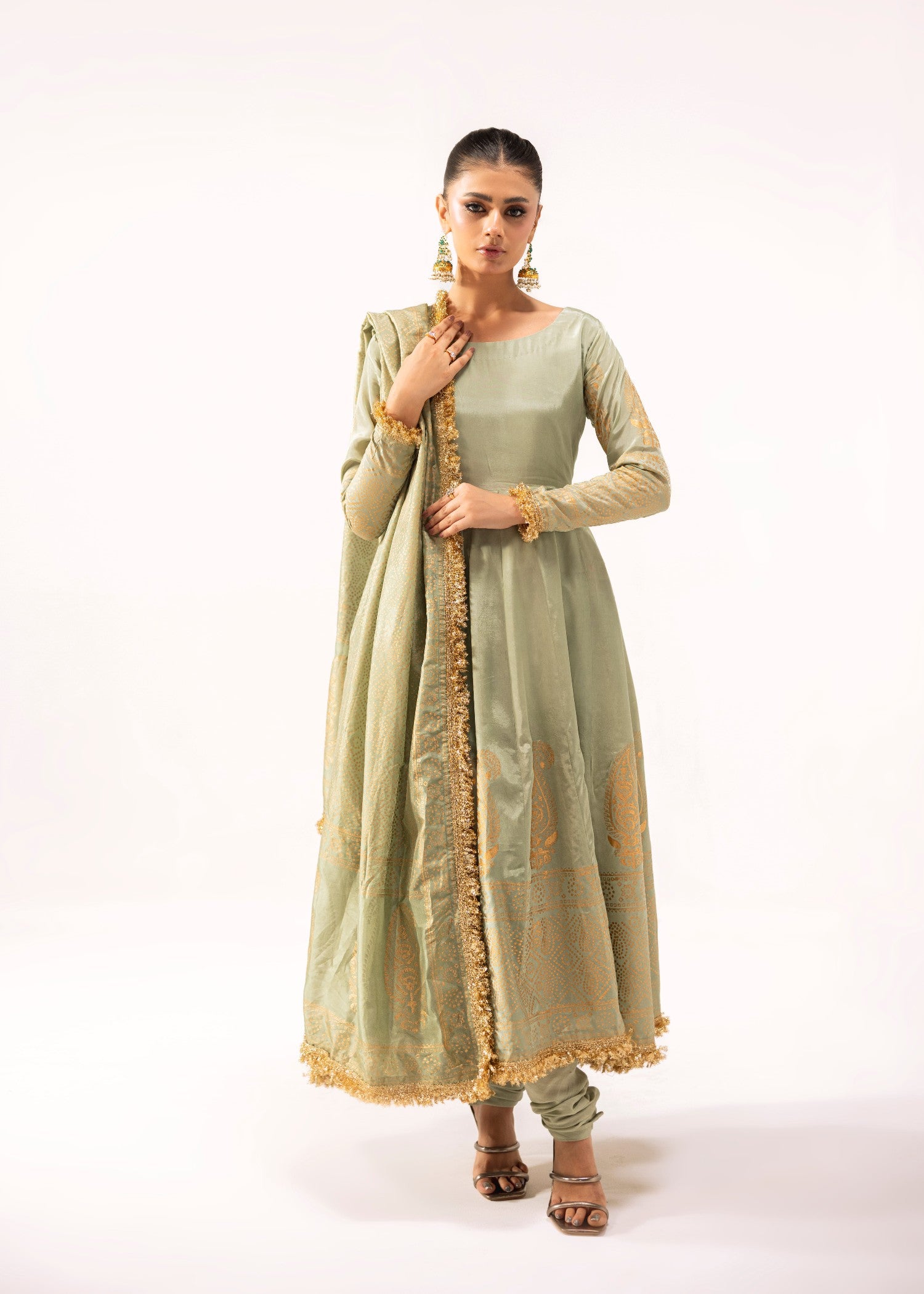 korean raw silk Pishwas in Pistachio green