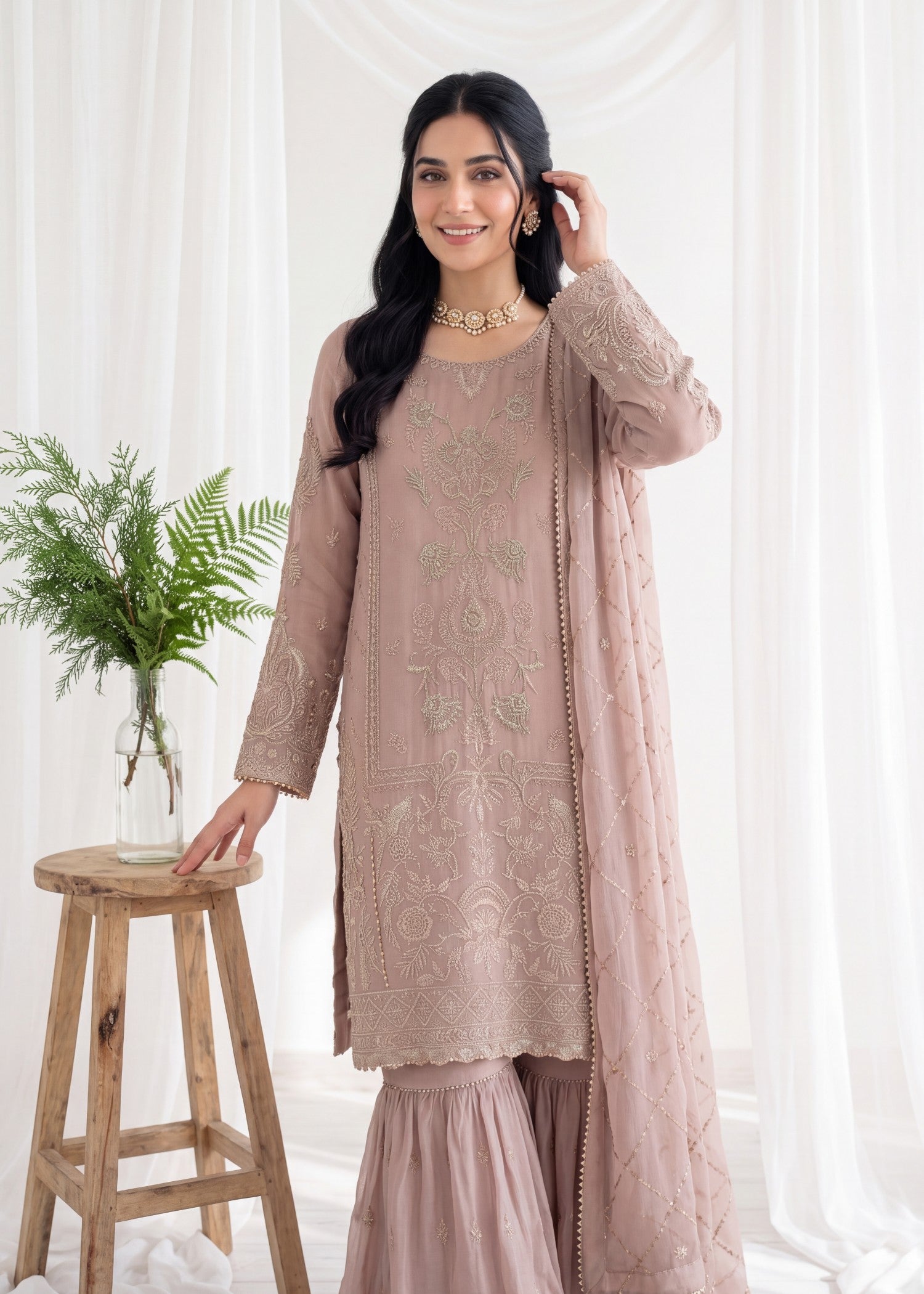pk crinkle chiffon Gharara in Rose pink