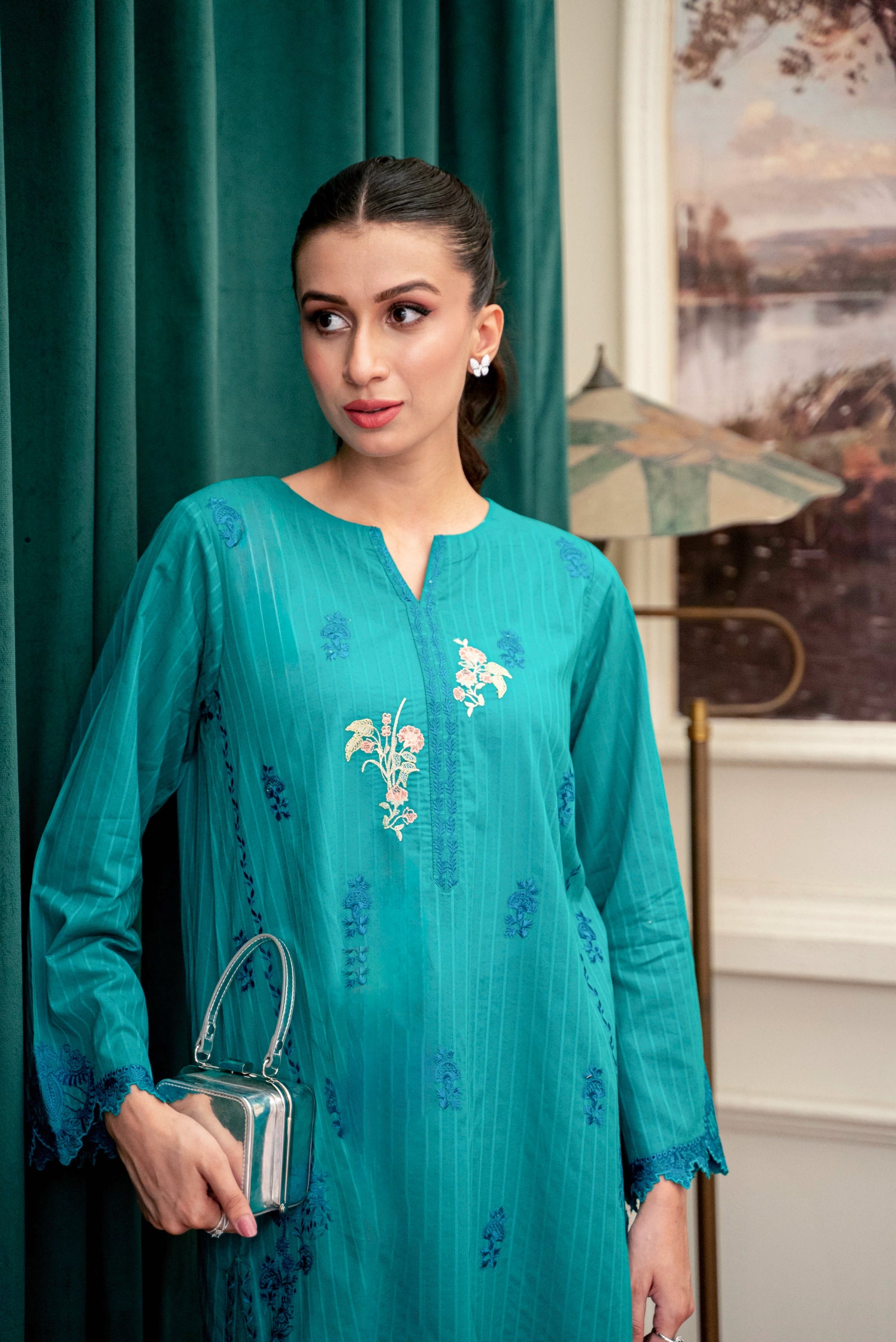 cambric Kurta Set in Teal