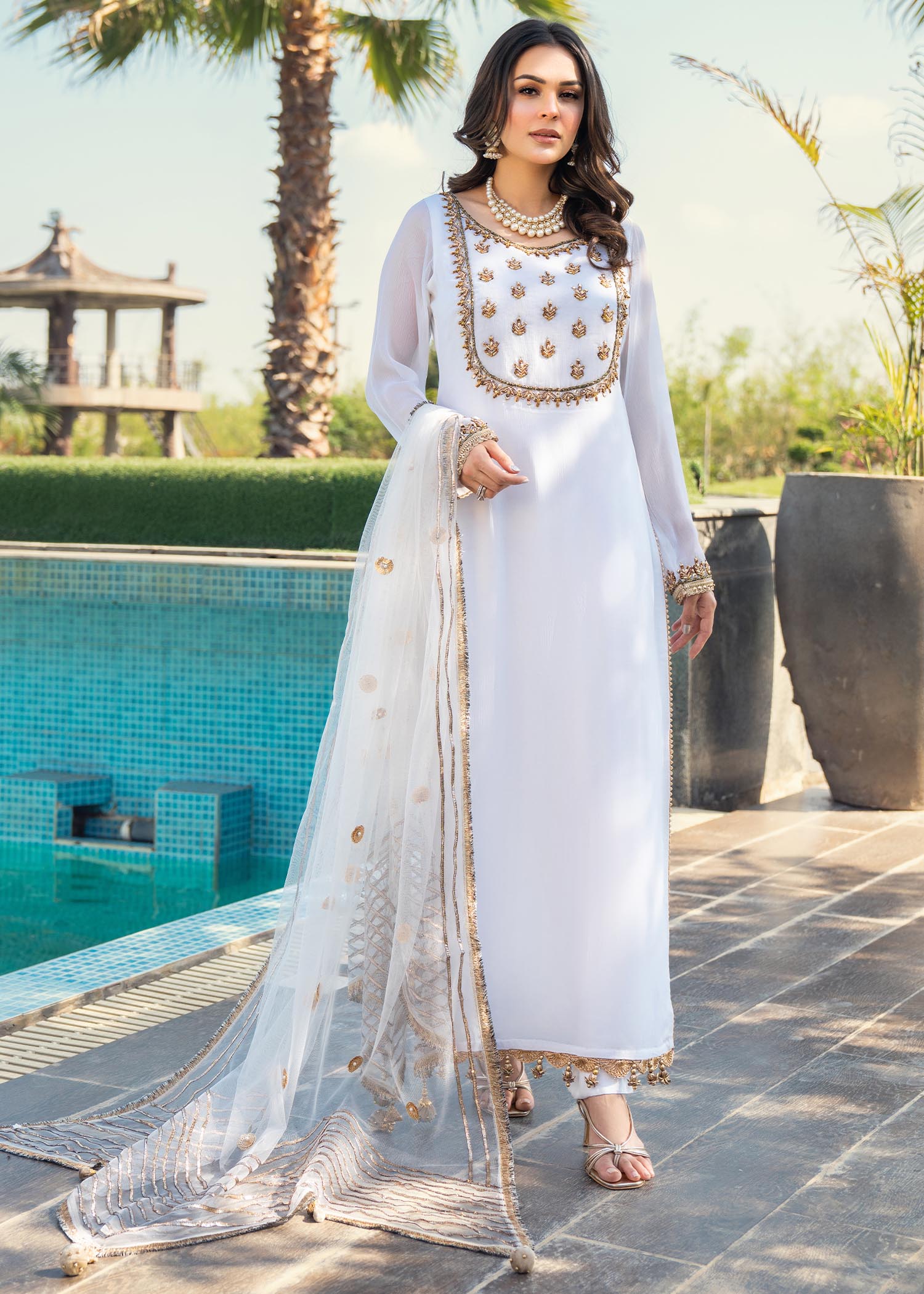 crinkle chiffon Kurta Set in White