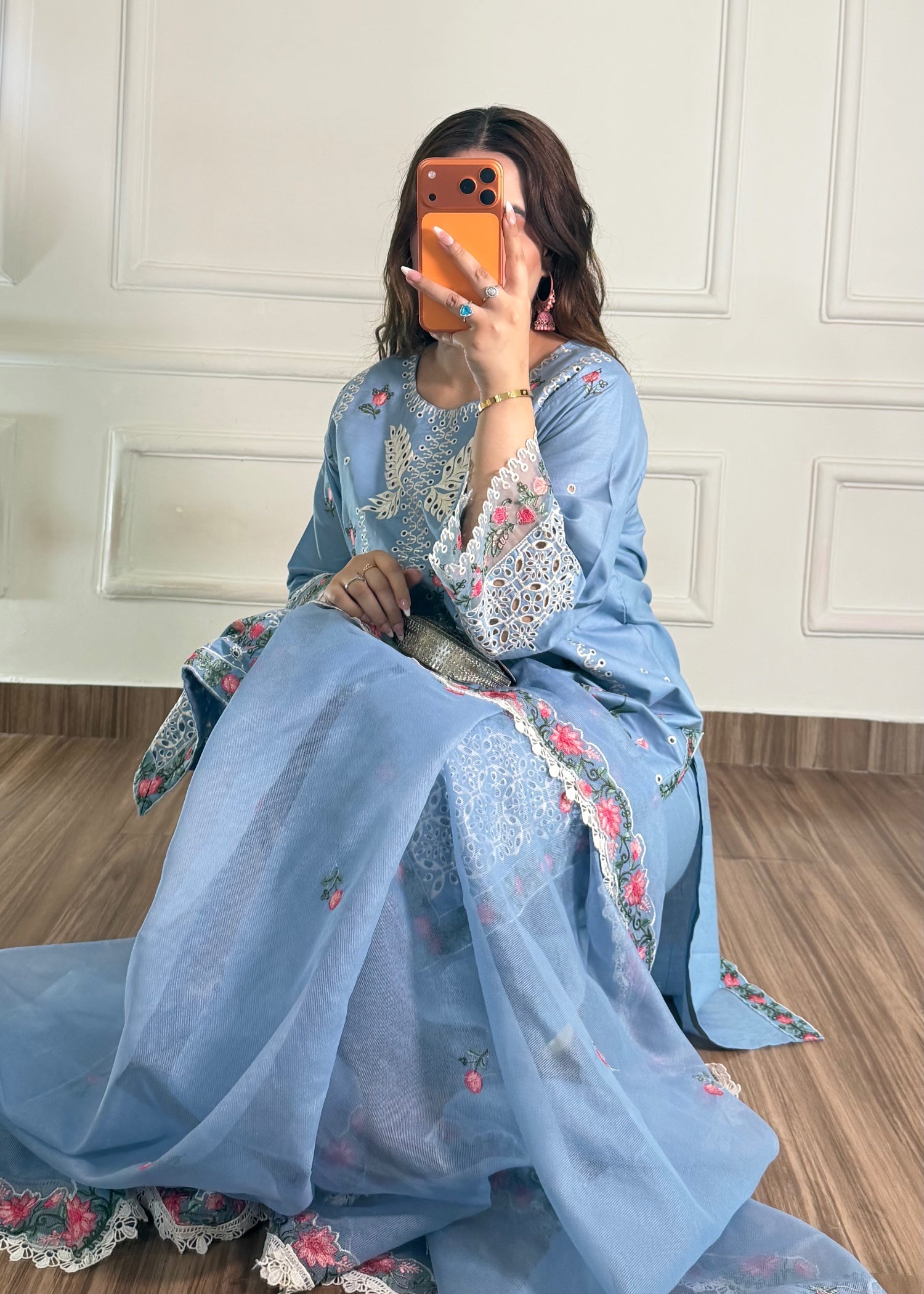 lawn Kurta Set in Powder blue, sky blue