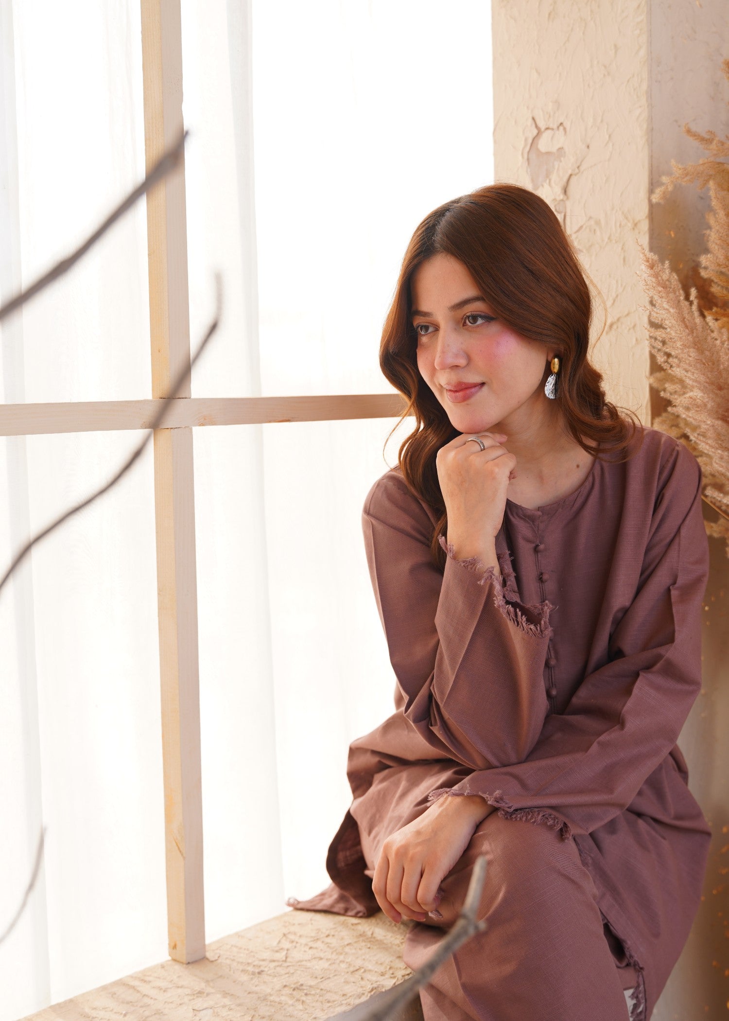 khaddar Kurta Set in Mauve pink
