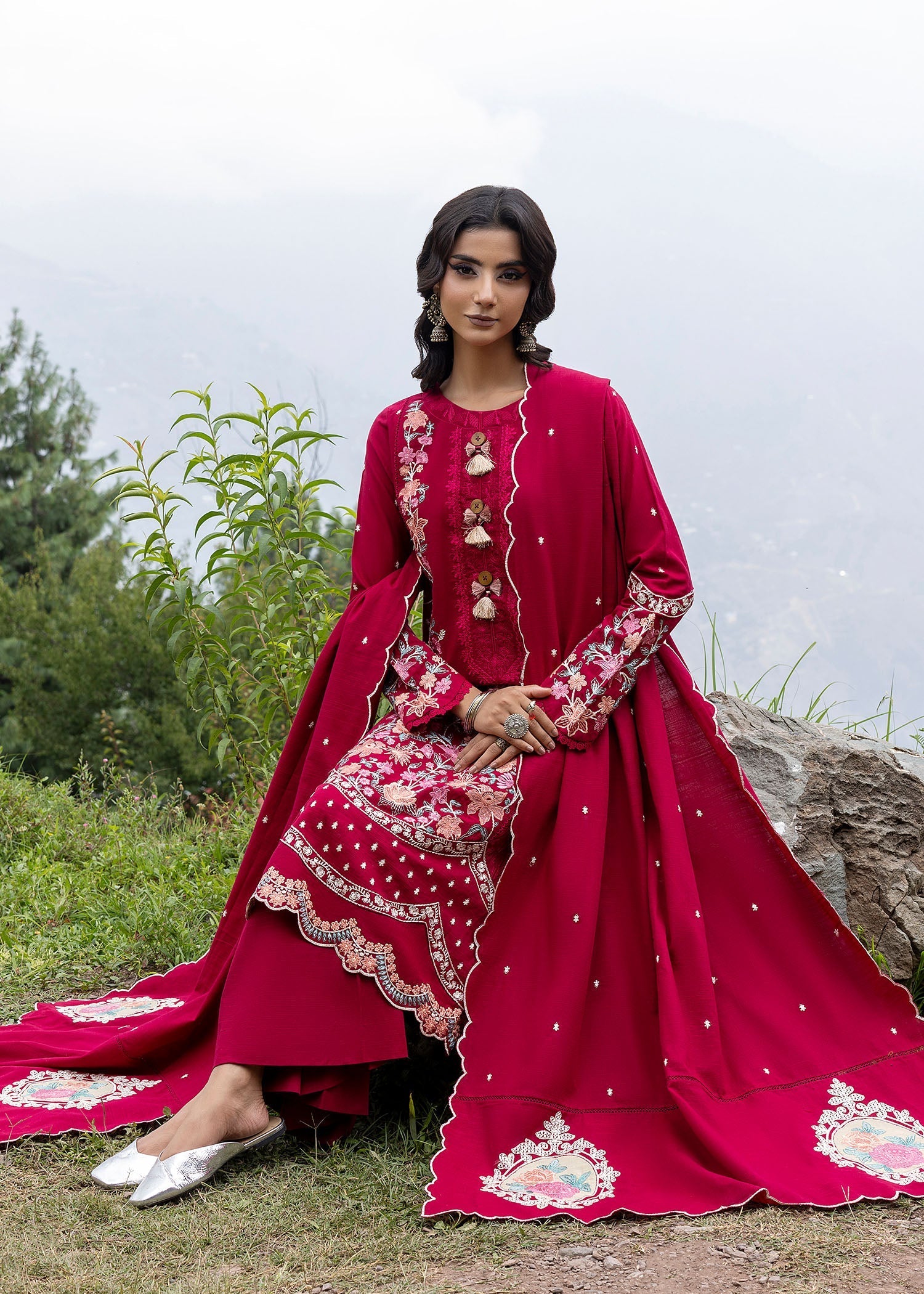 khaddar Kurta Set in Hot pink red