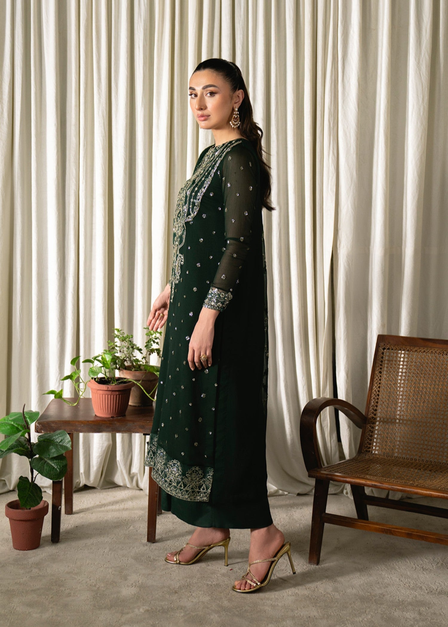 chiffon Kurta Set in Hunter green