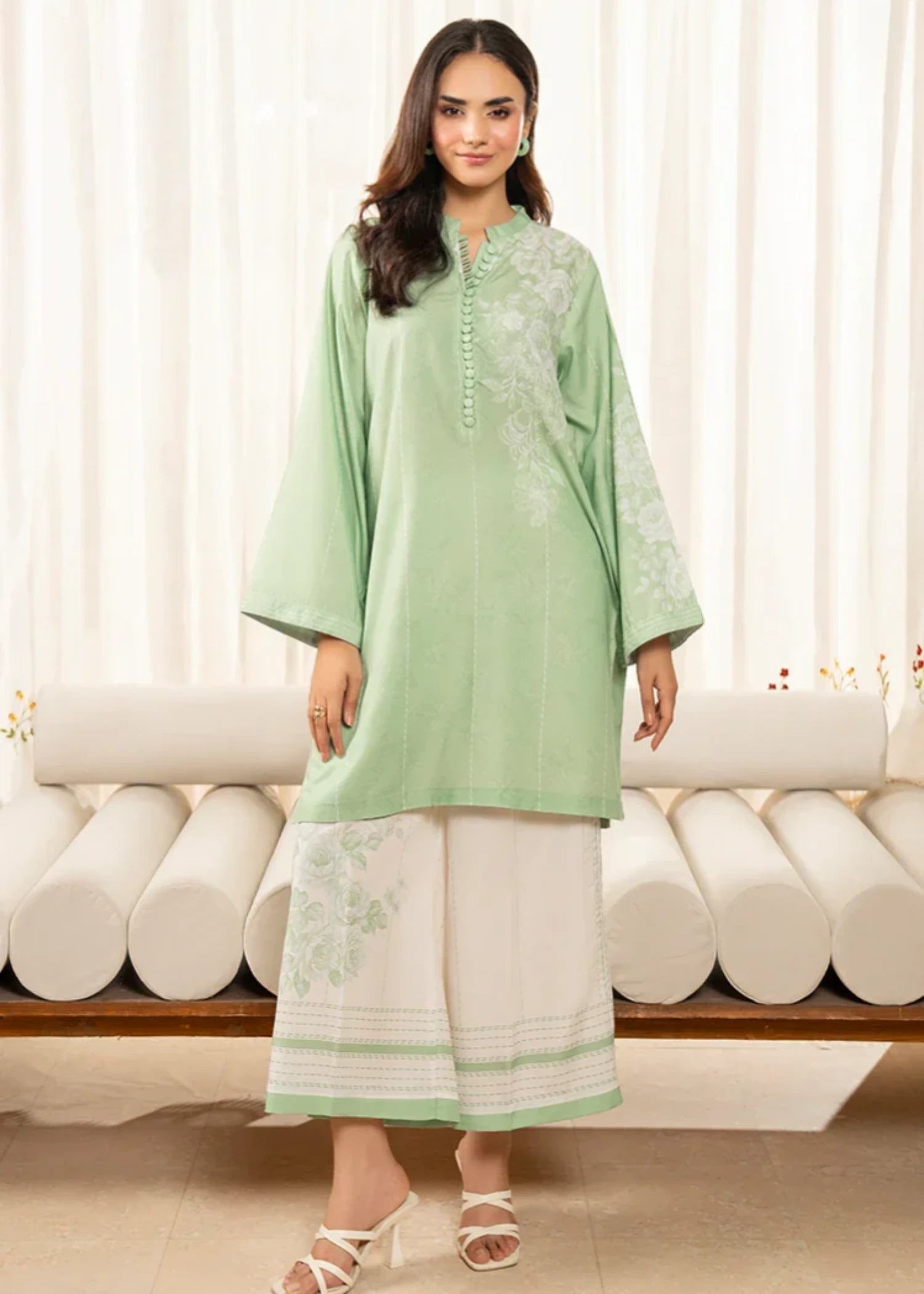 cambric Kurta Set in White, yellow green