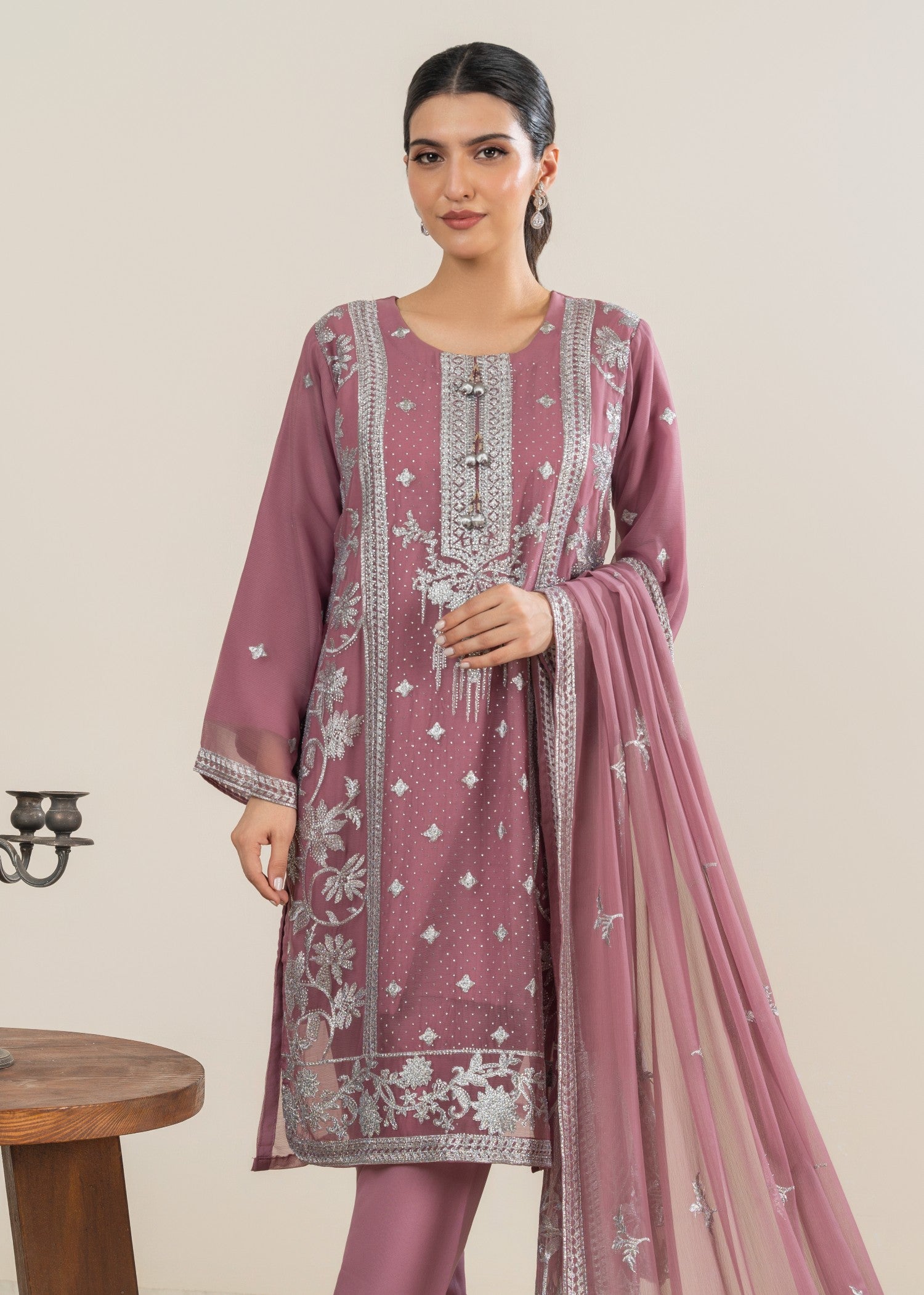 chiffon Kurta Set in Mauve pink