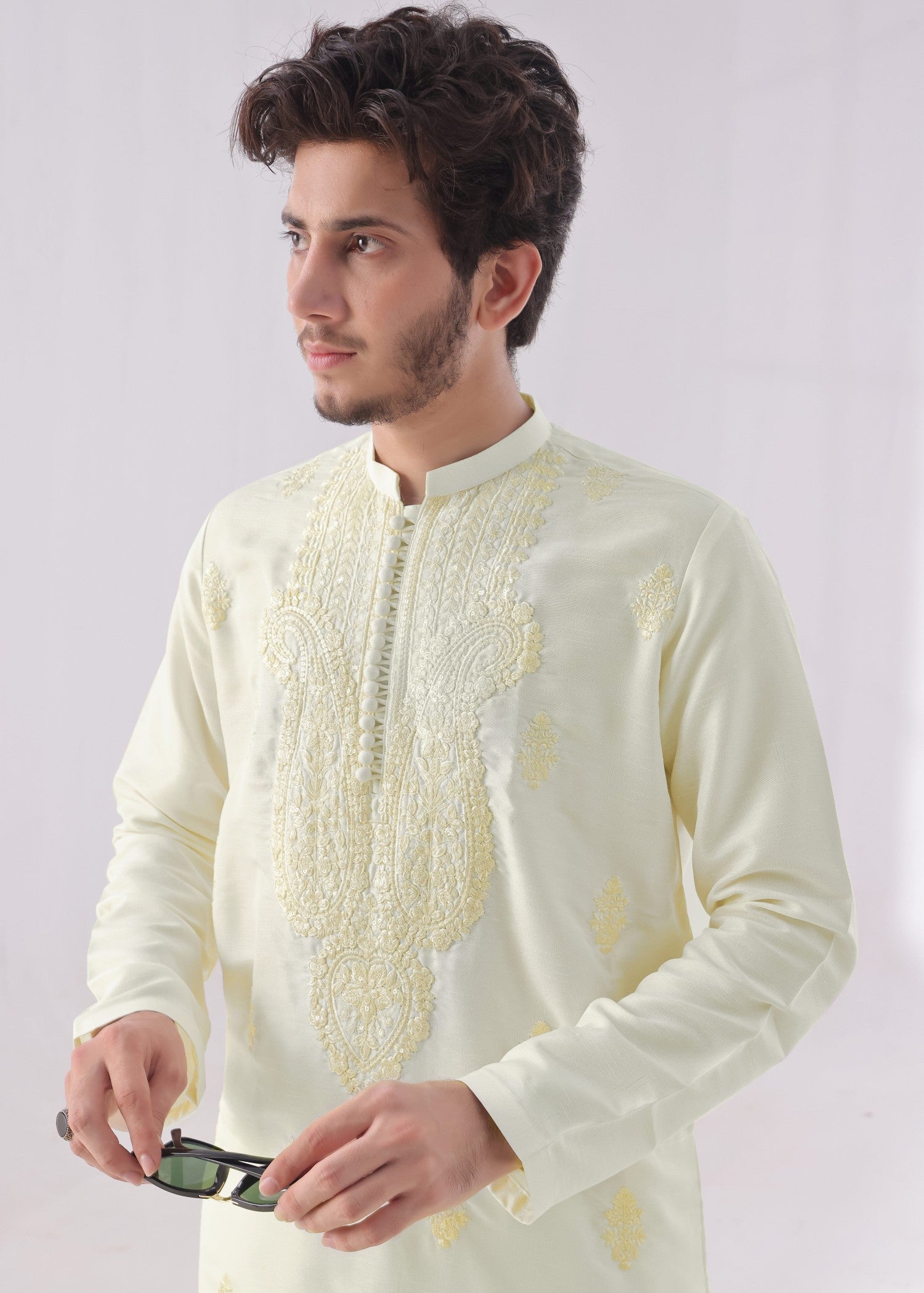 raw silk Kurta Set in Cream by Bin Musab