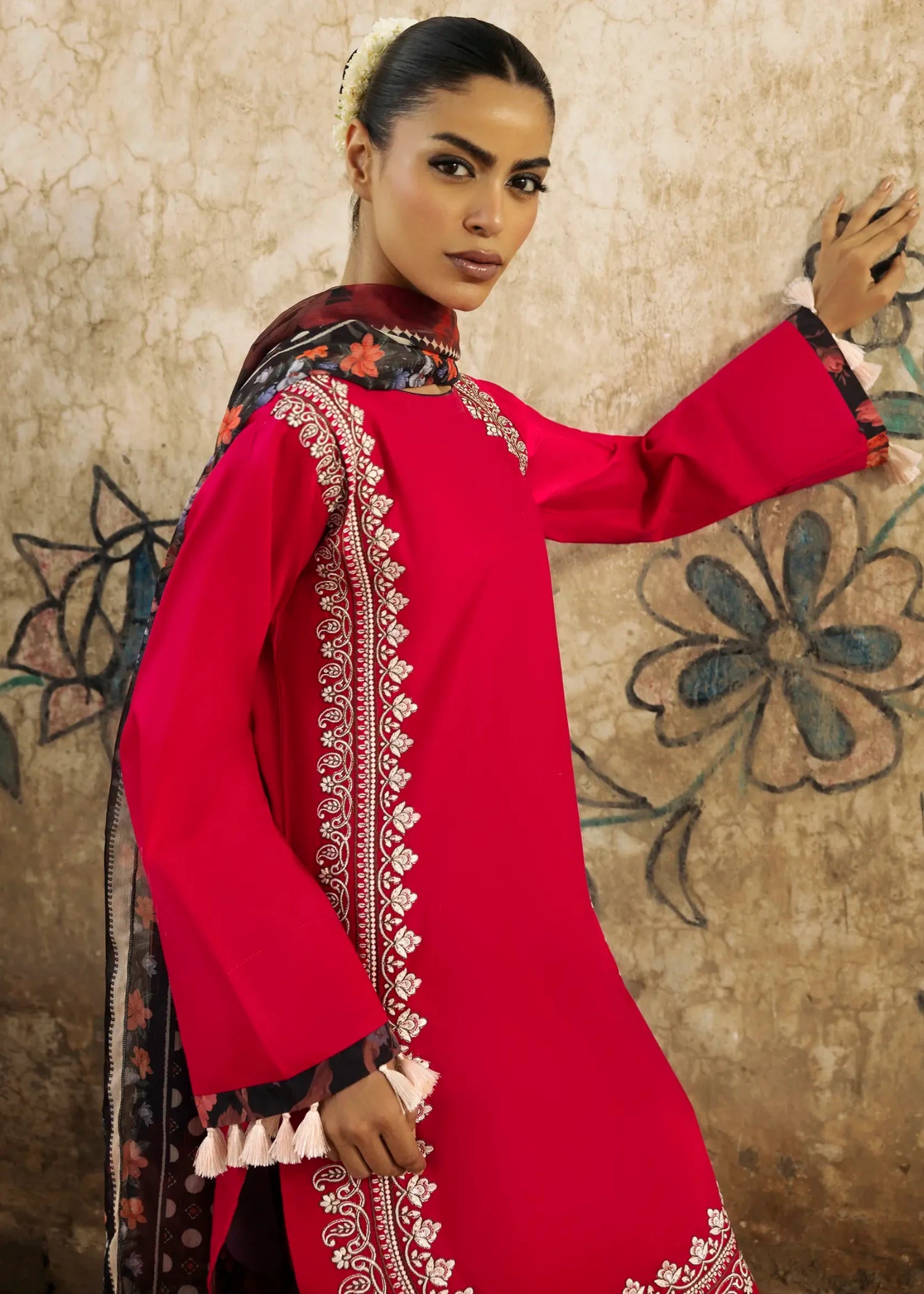 lawn cotton Kurta Set in Coral red
