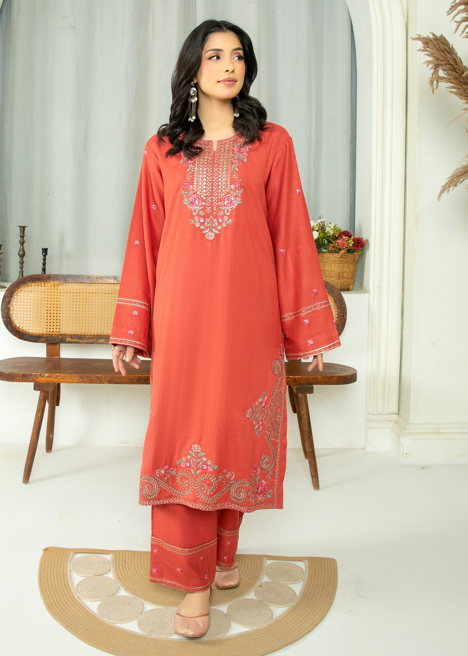 peach wool Kurta Set in Coral orange