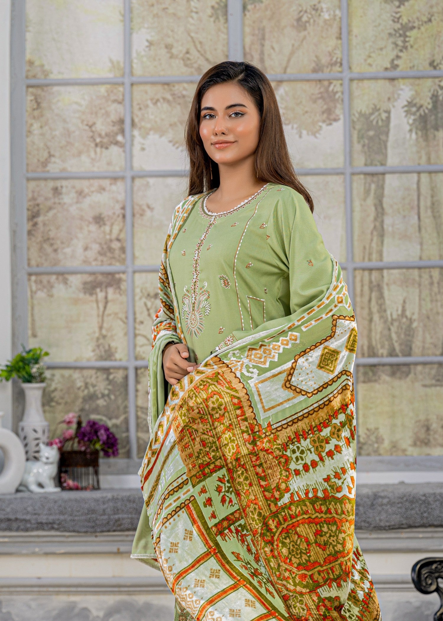dhanak Unstitched in Pistachio green