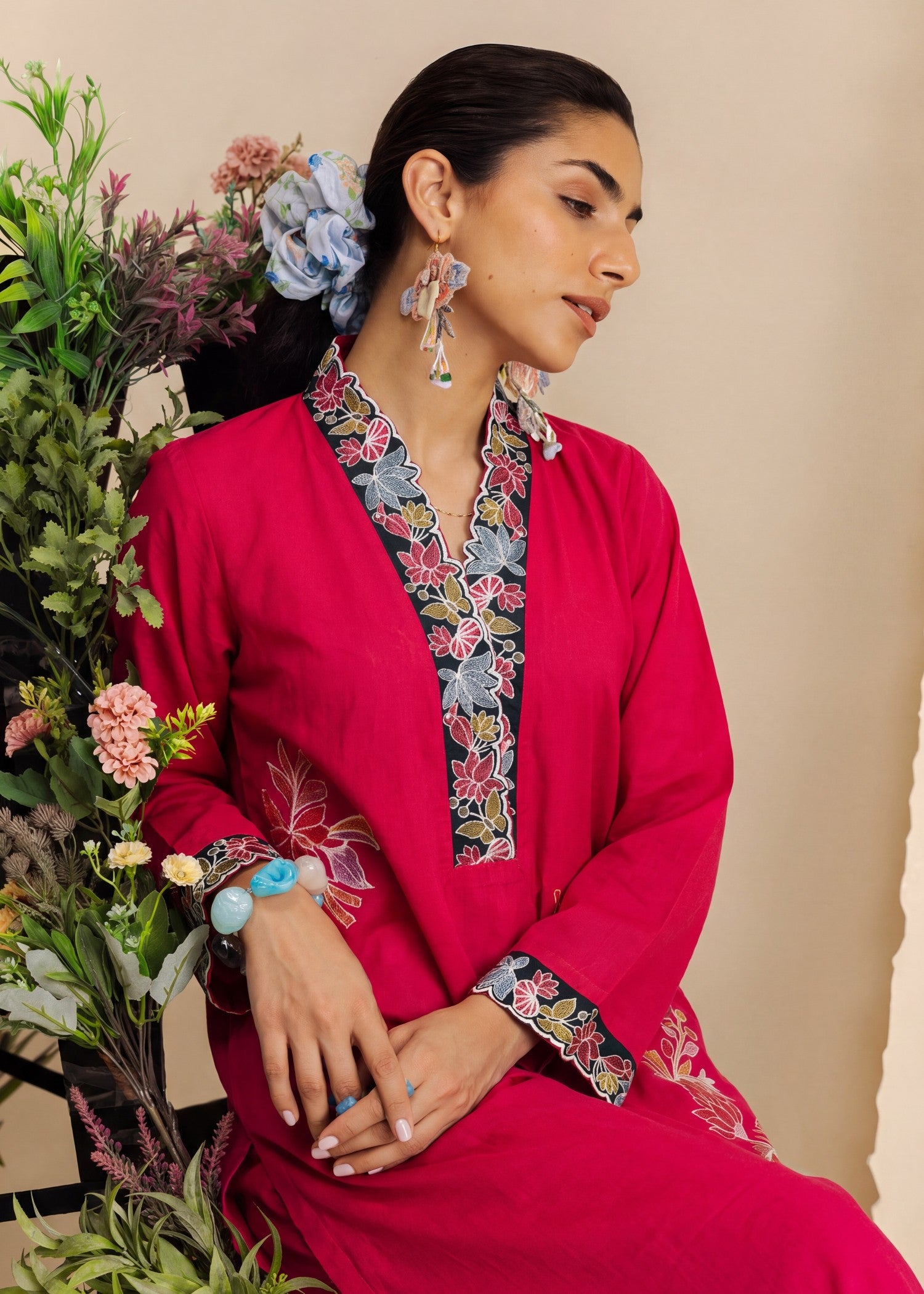 lawn Kurta Set in Fire red