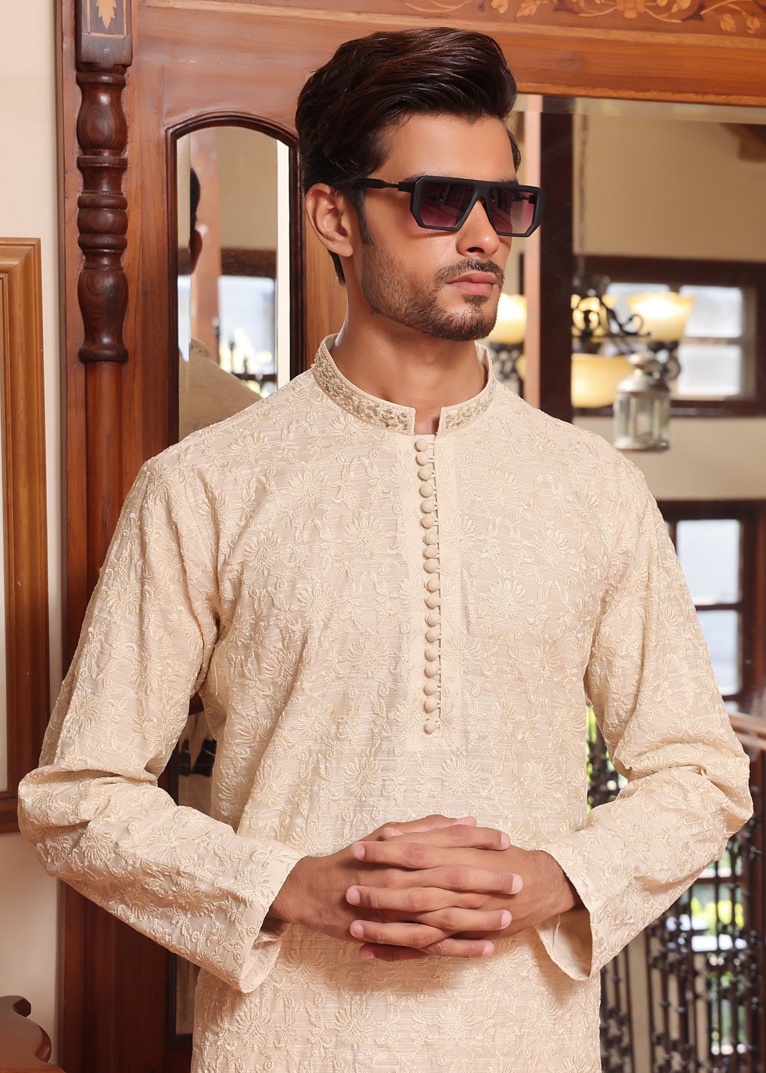cotton silk Kurta Set in Off-white