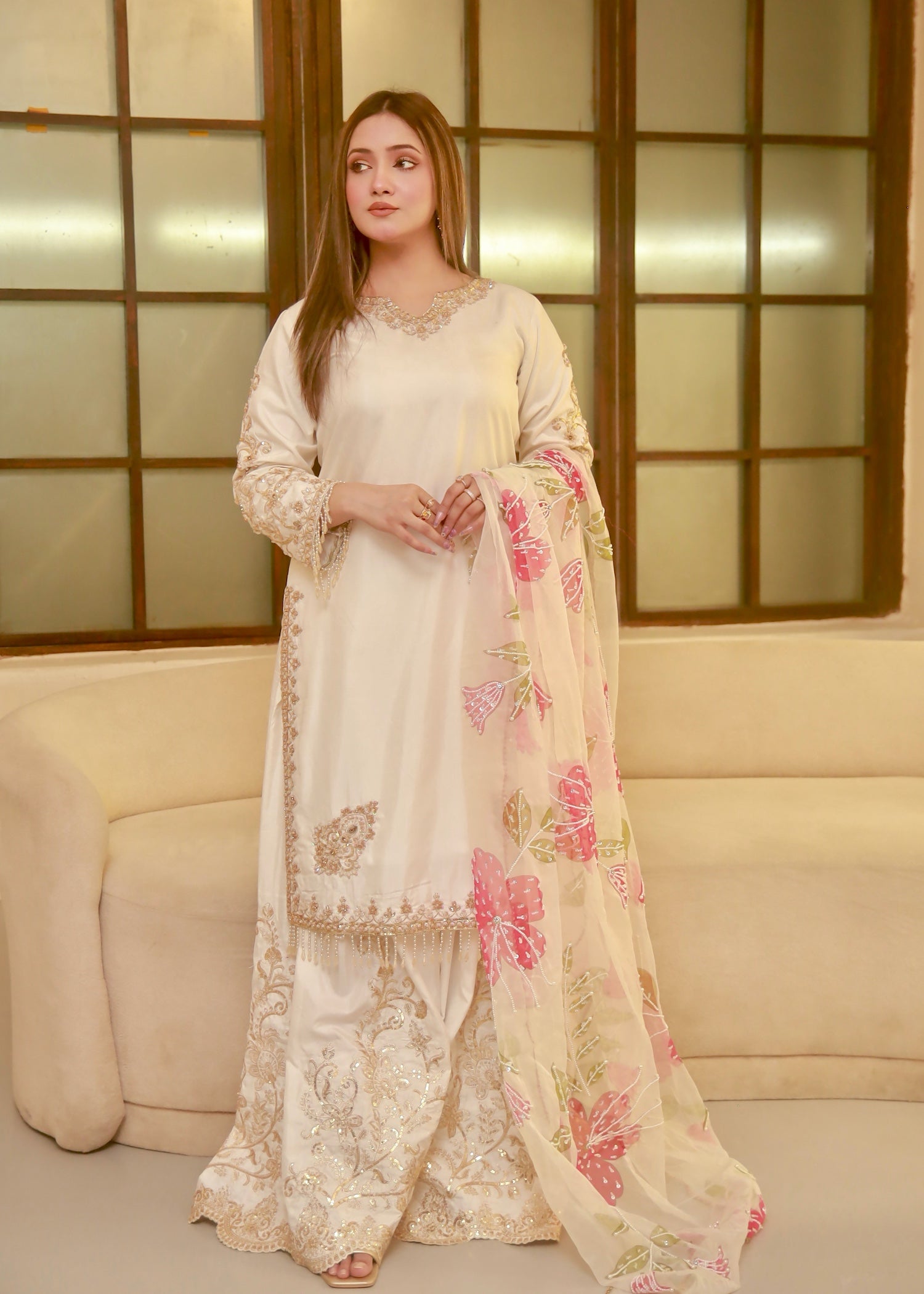 raw silk Sharara in White