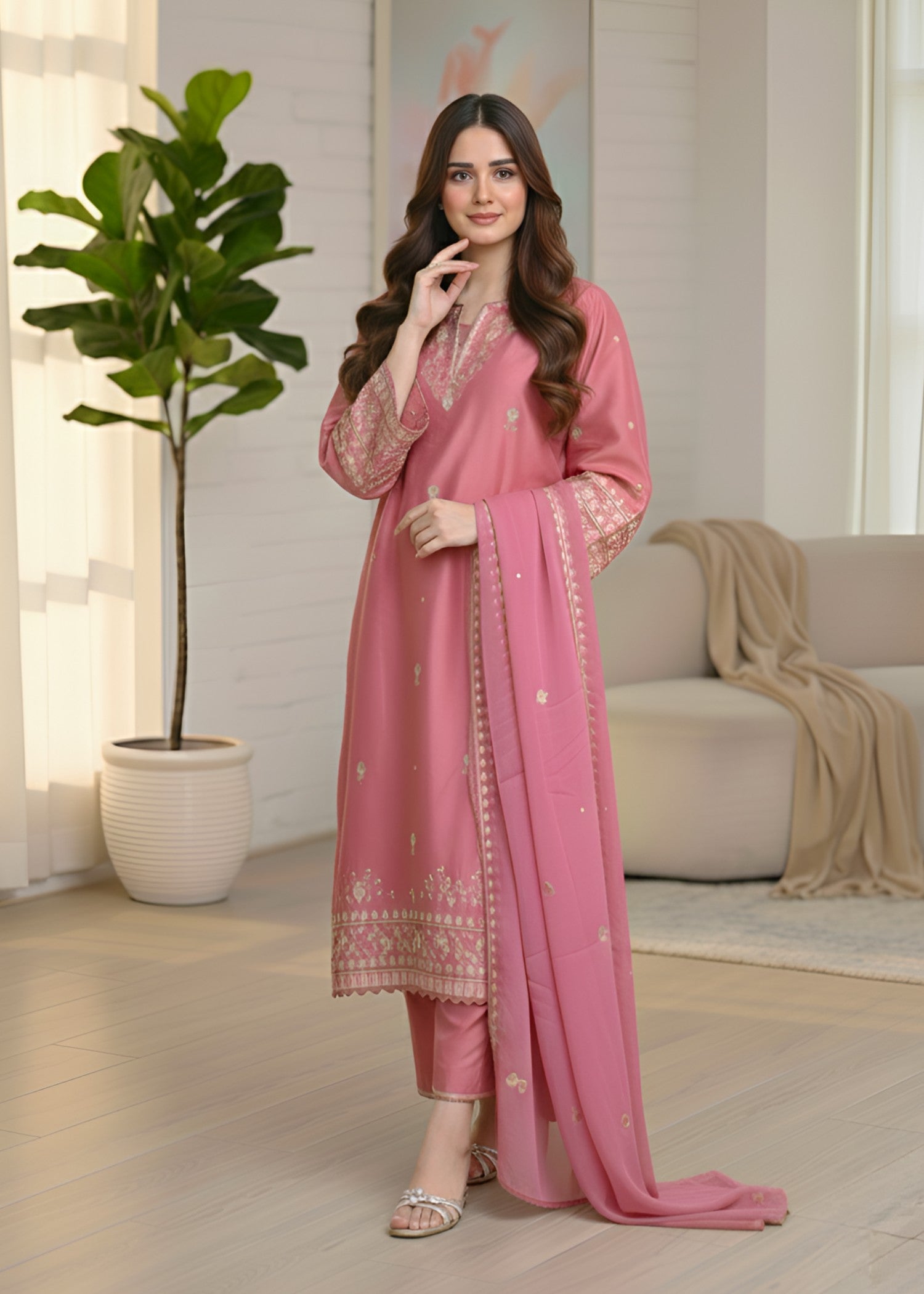 cambric Kurta Set in Salmon pink