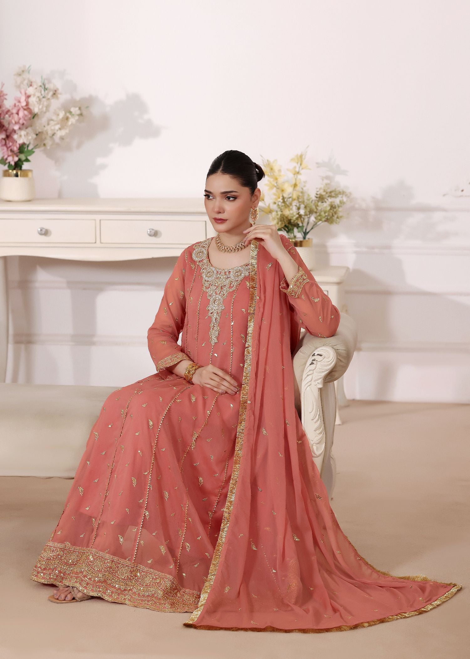 chiffon Pishwas in Peach orange