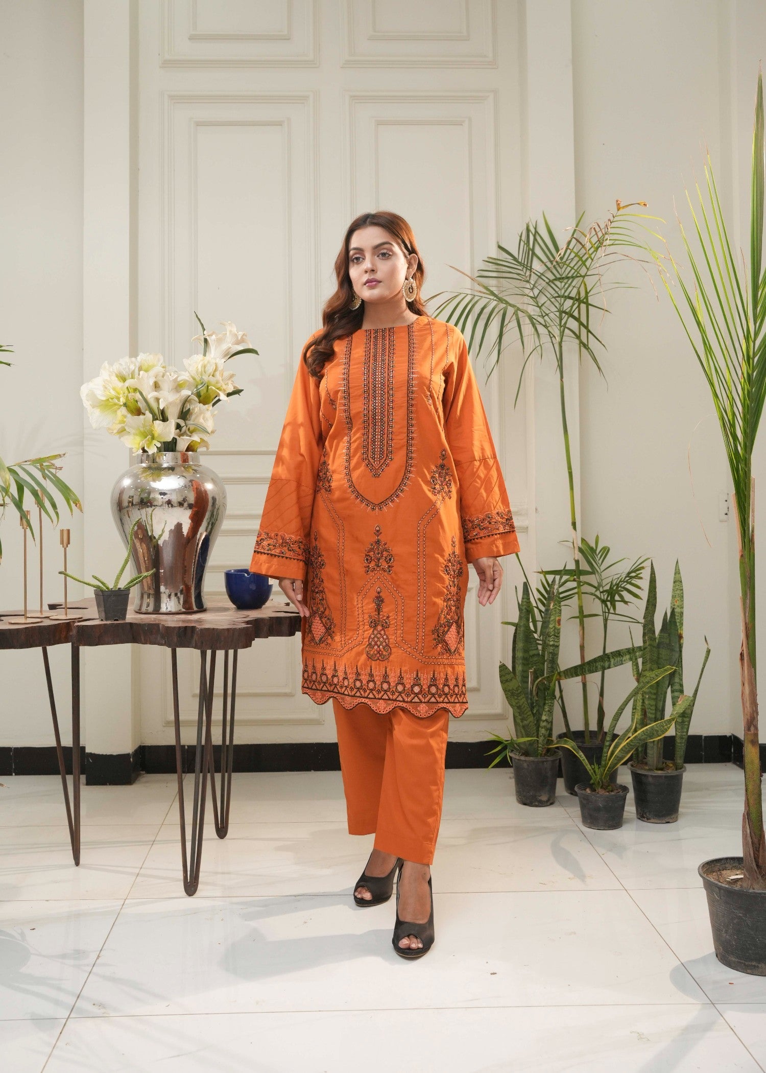 cotton Kurta Set in Burnt orange