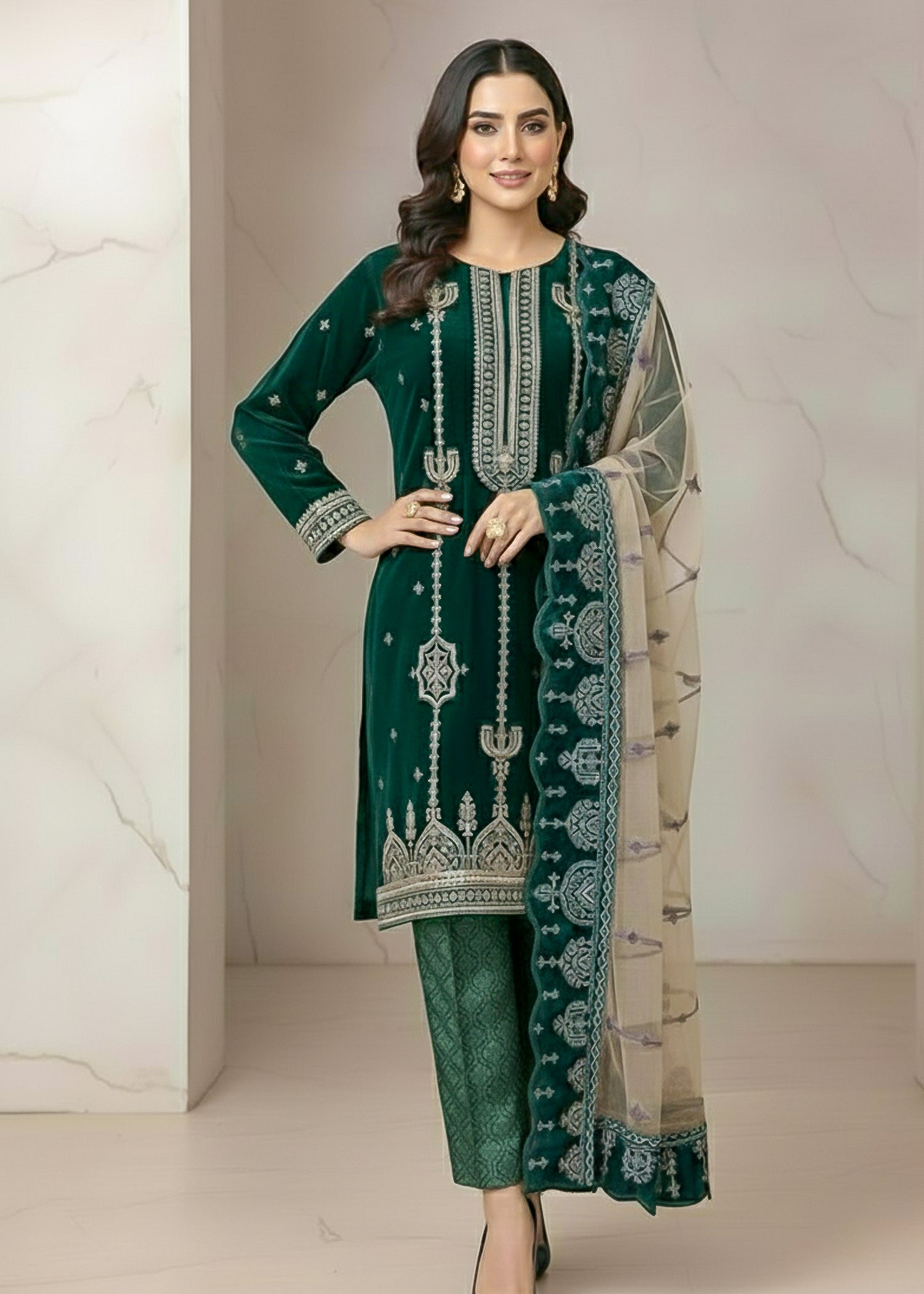 chinese micro velvet 9000 Kurta Set in Teal