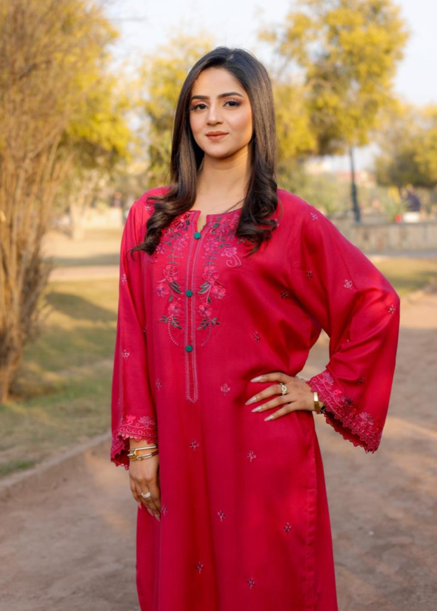 linen Kurta Set in Vivid pink