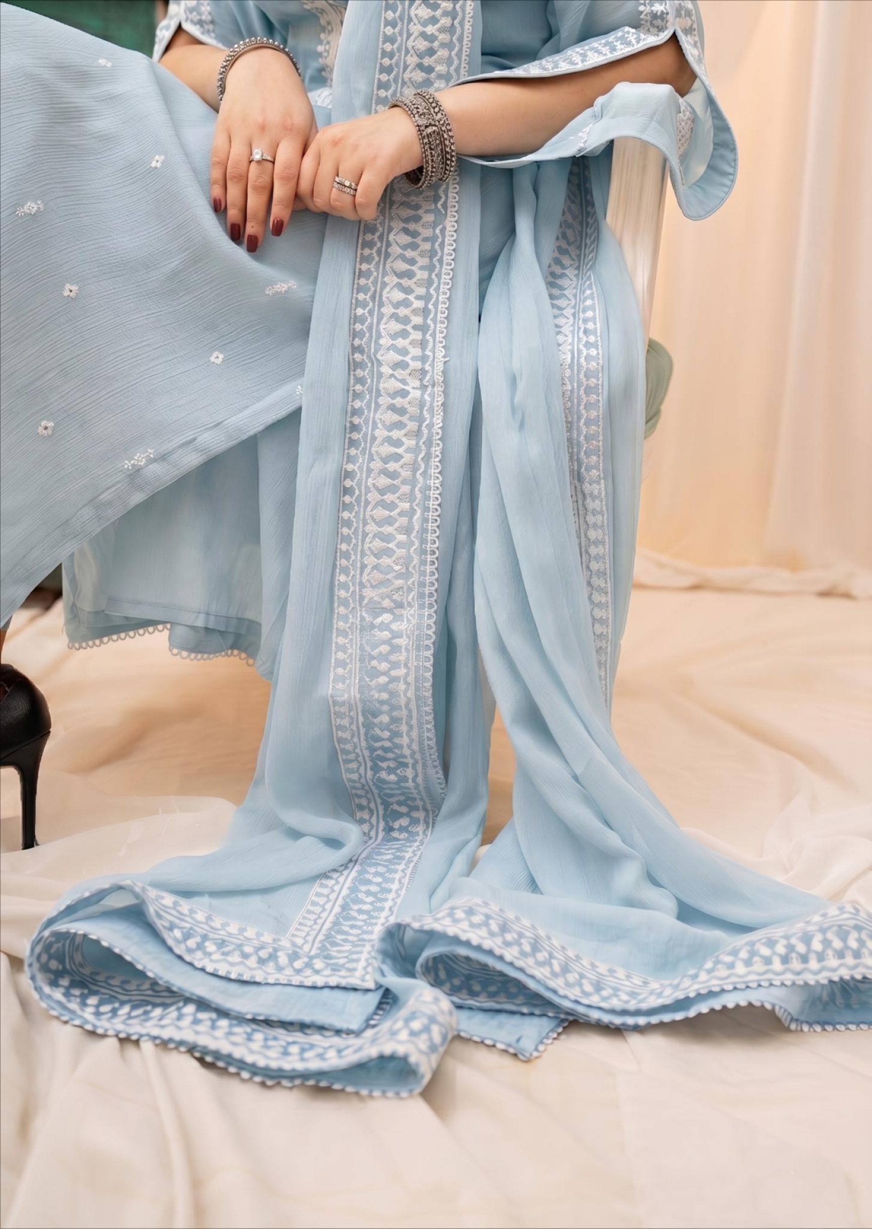 bemberg crinkle chiffon Kurta Set in Light blue