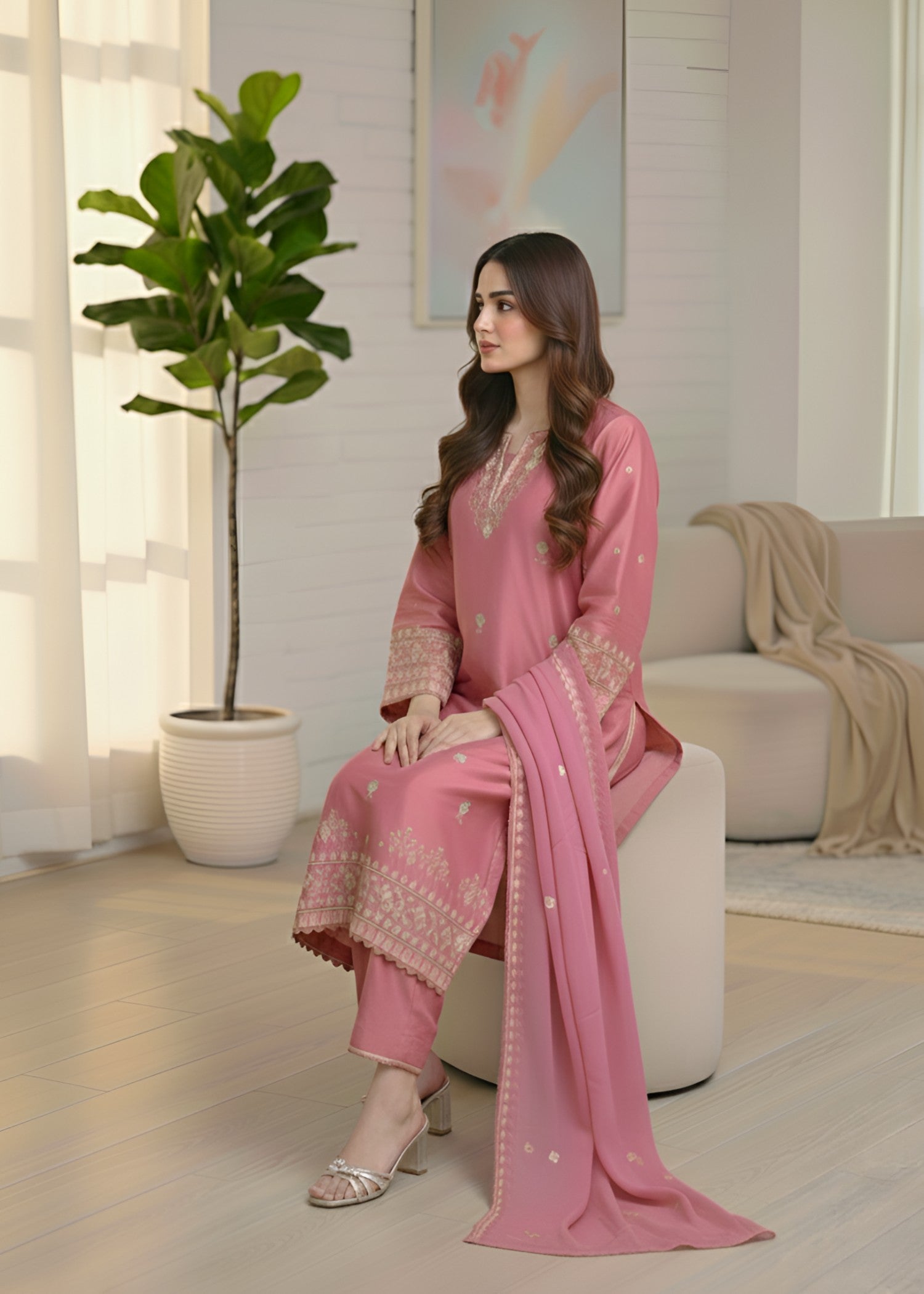cambric Kurta Set in Salmon pink