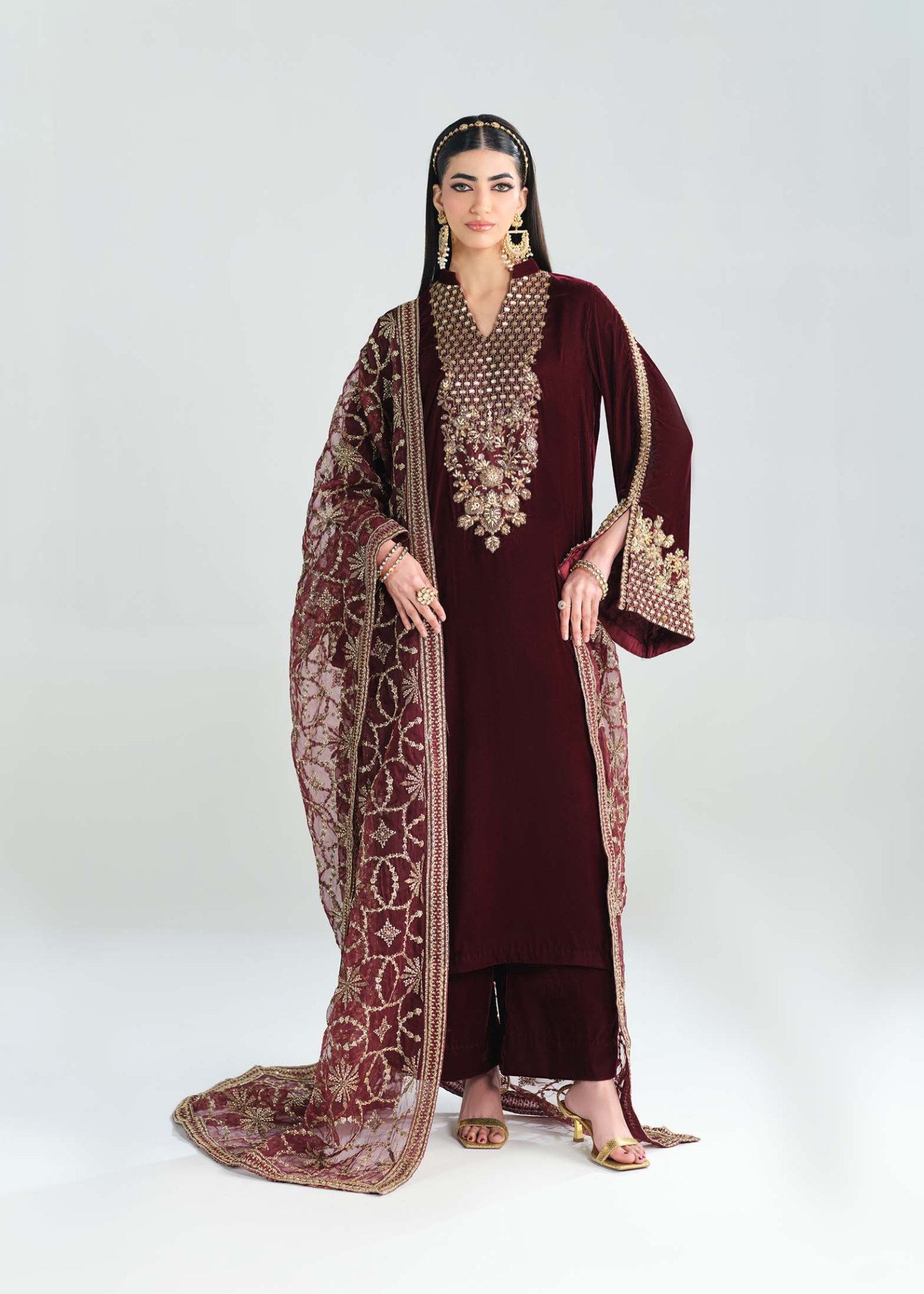 velvet Kurta Set in Blood red