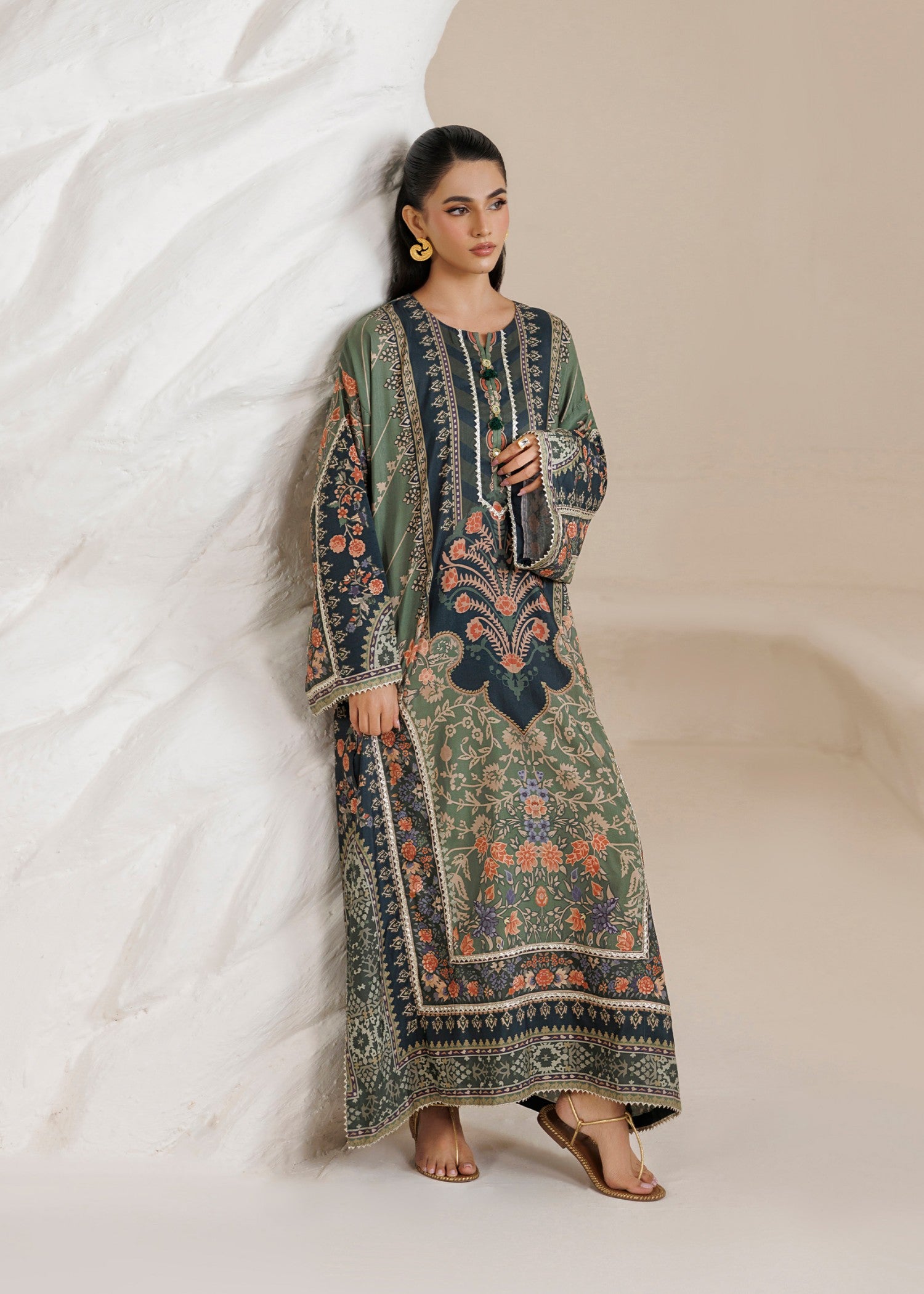 raw silk Kaftan in Avocado green