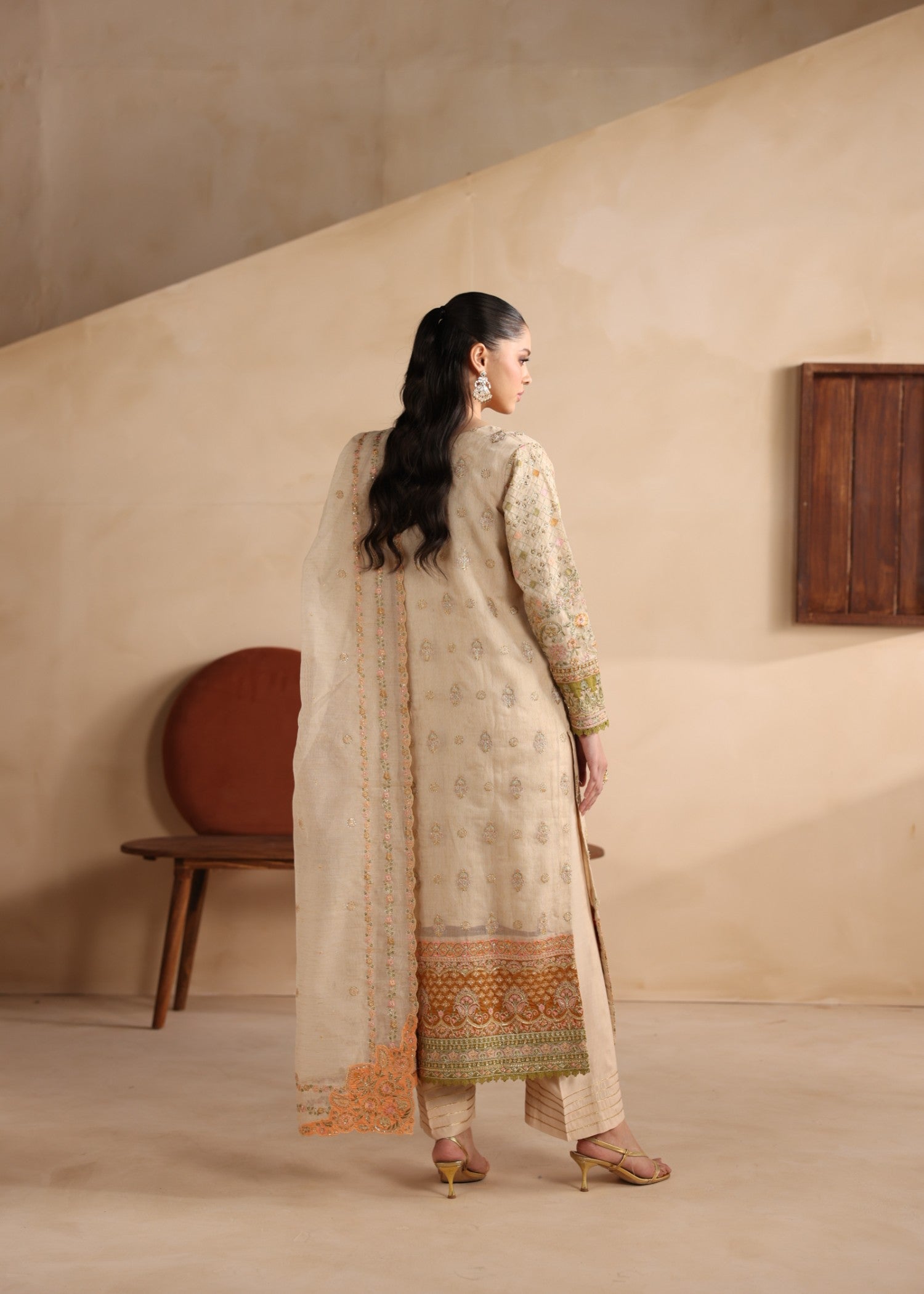 khaddi net Kurta Set in Beige