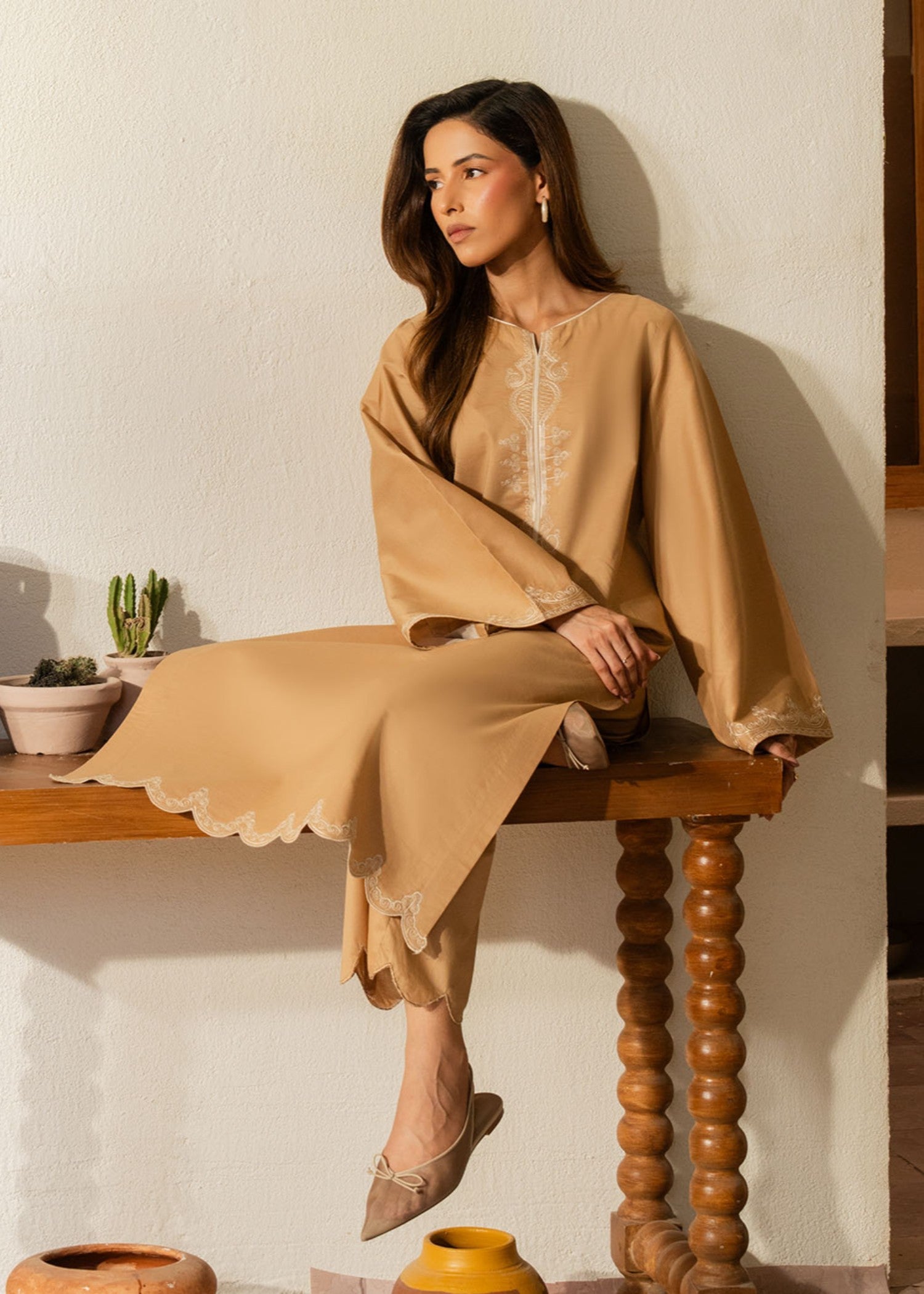 lawn cotton Kurta Set in Tan brown