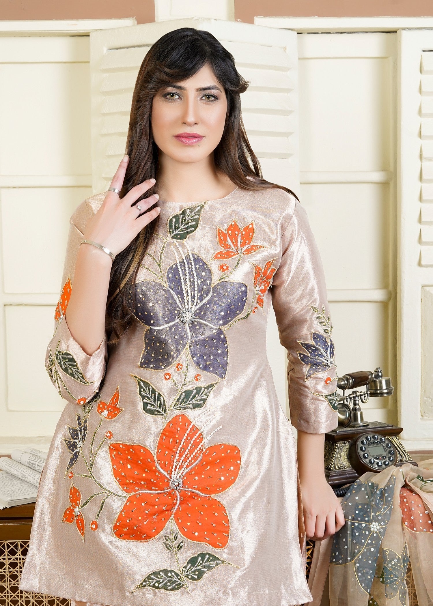 zari cotton Kurta Set in Beige