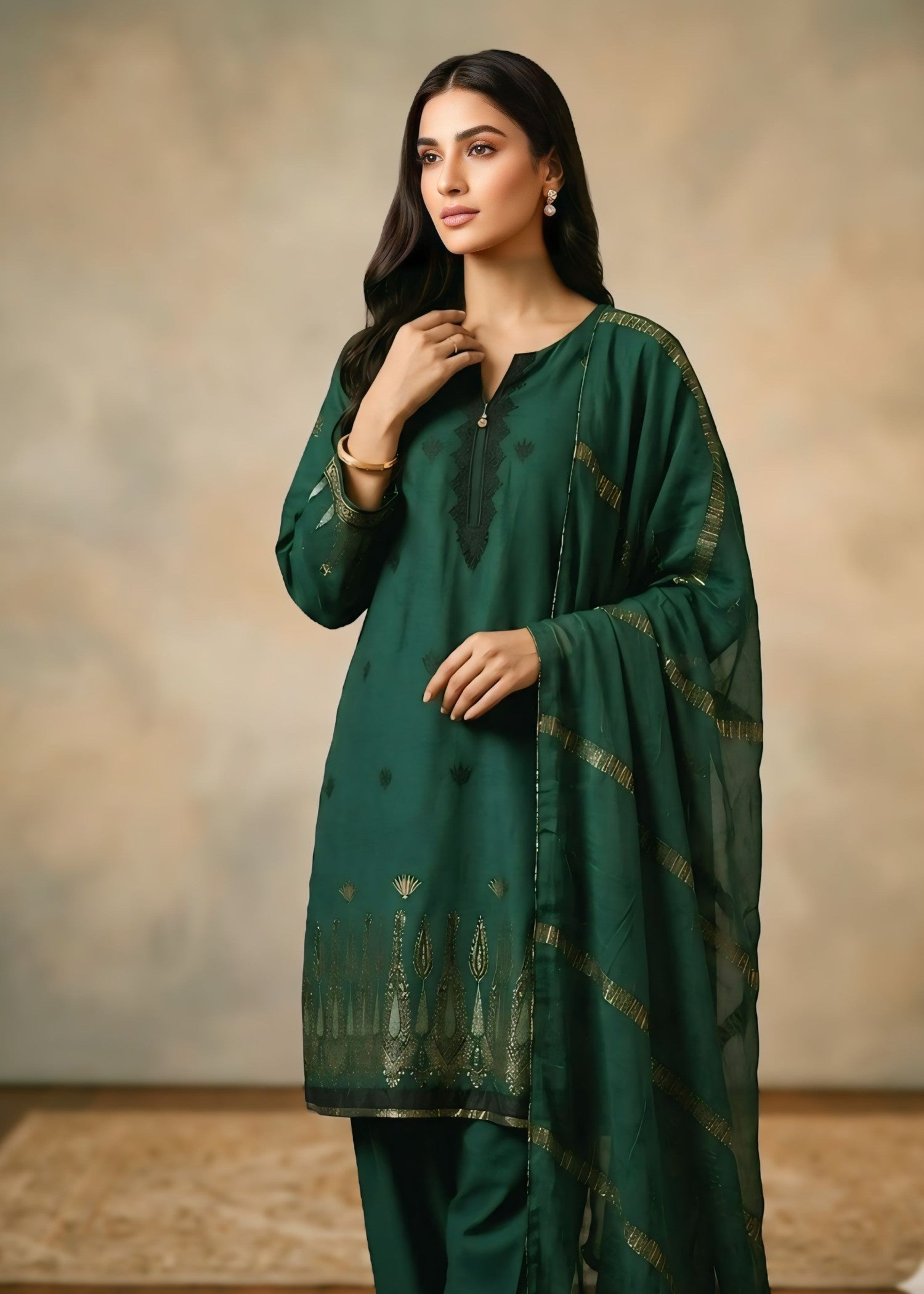lawn Kurta Set in Blonde, bottle green