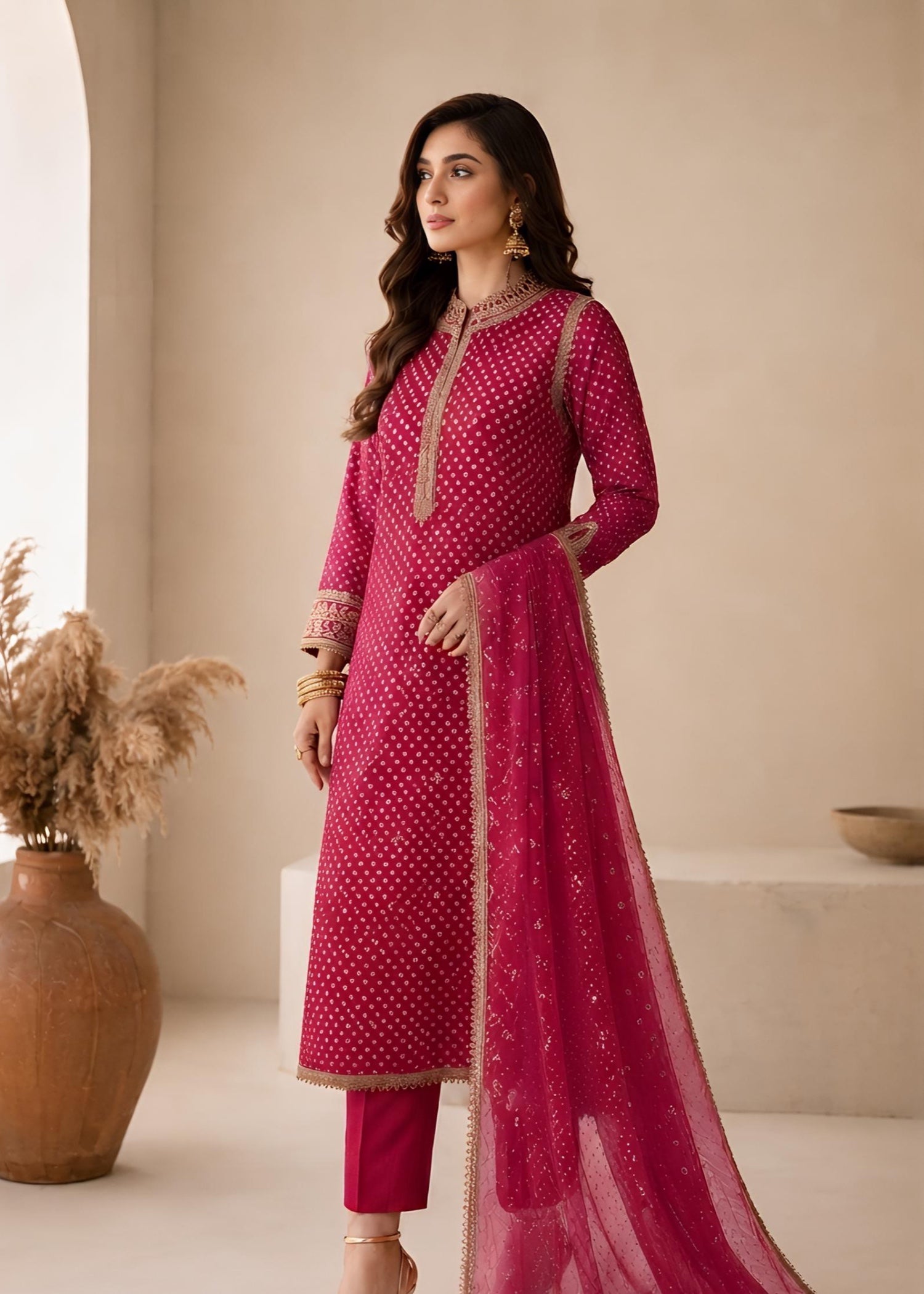 swiss lawn Kurta Set in Hot pink