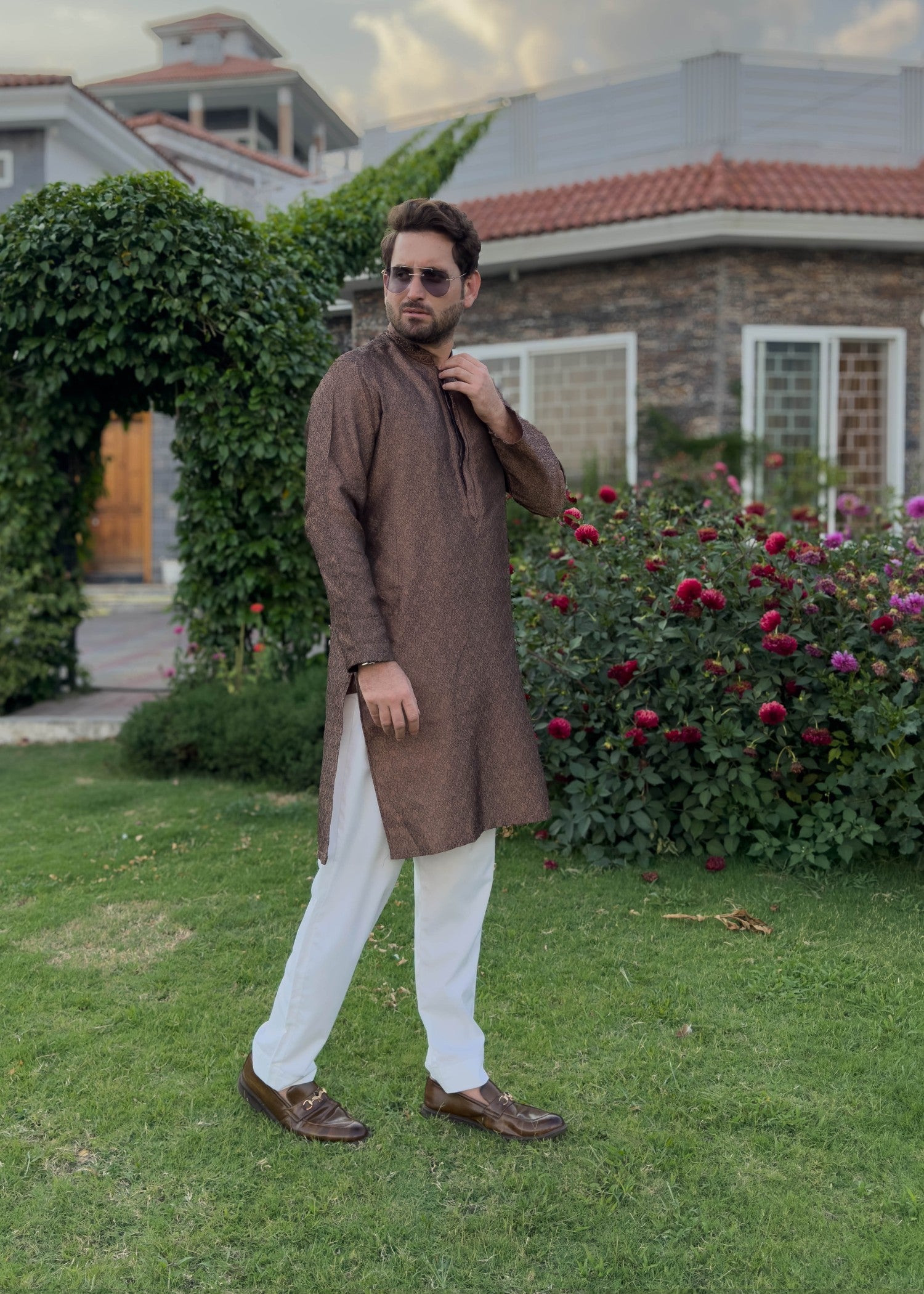 traditional jamawar Kurta in Golden brown