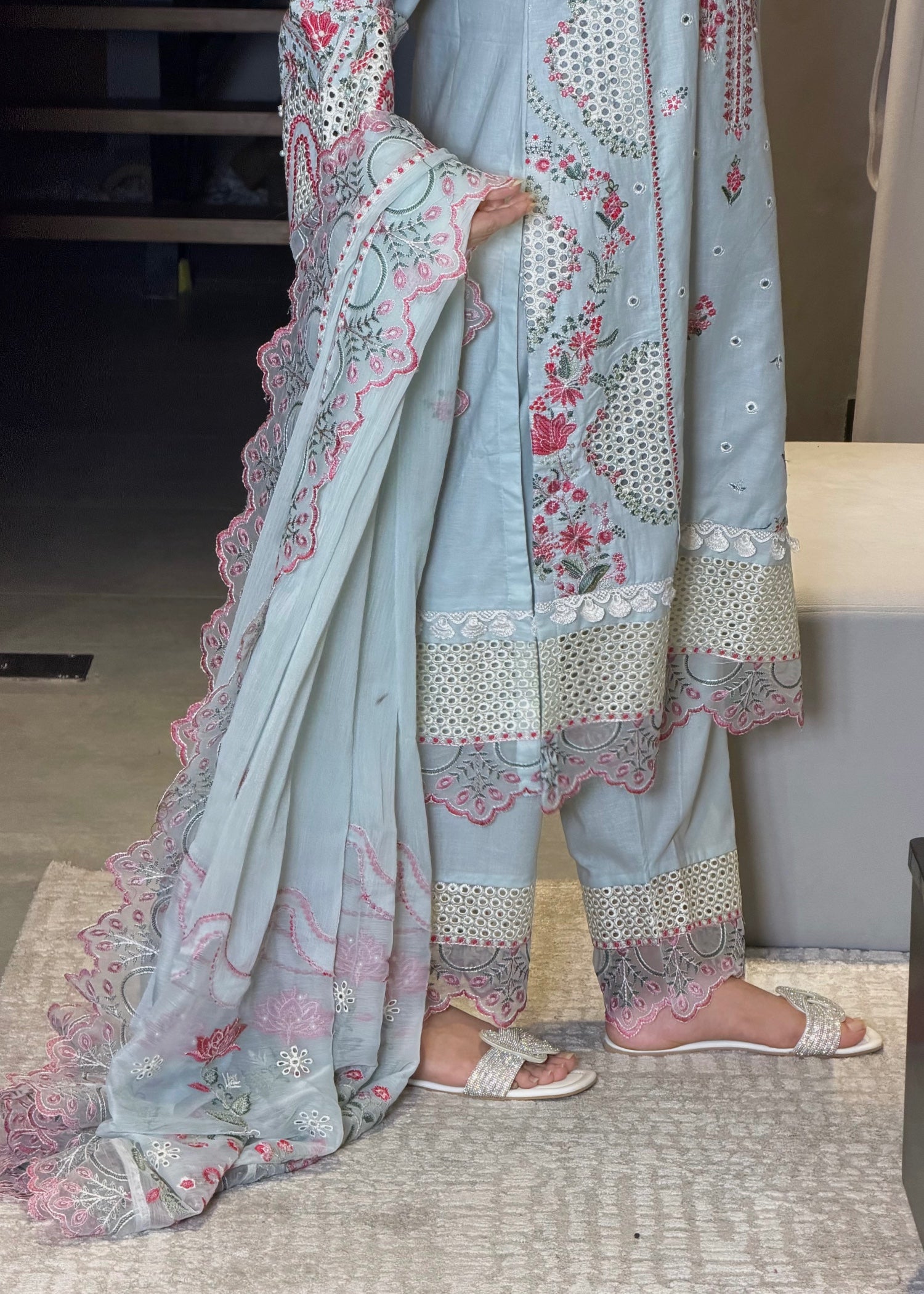 lawn Kurta Set in Ash grey, pink