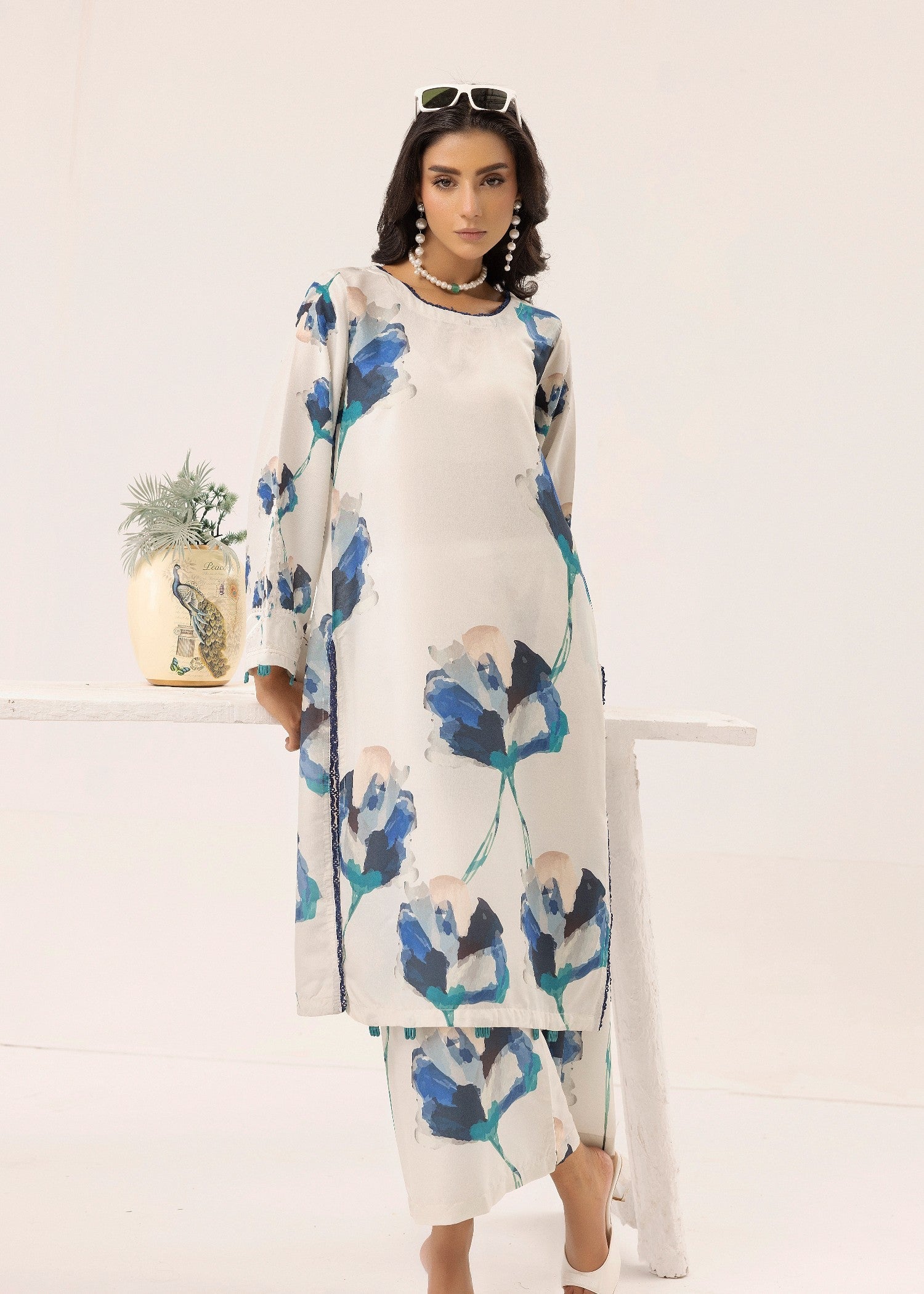 lawn Co Ord Sets in Navy blue, ivory