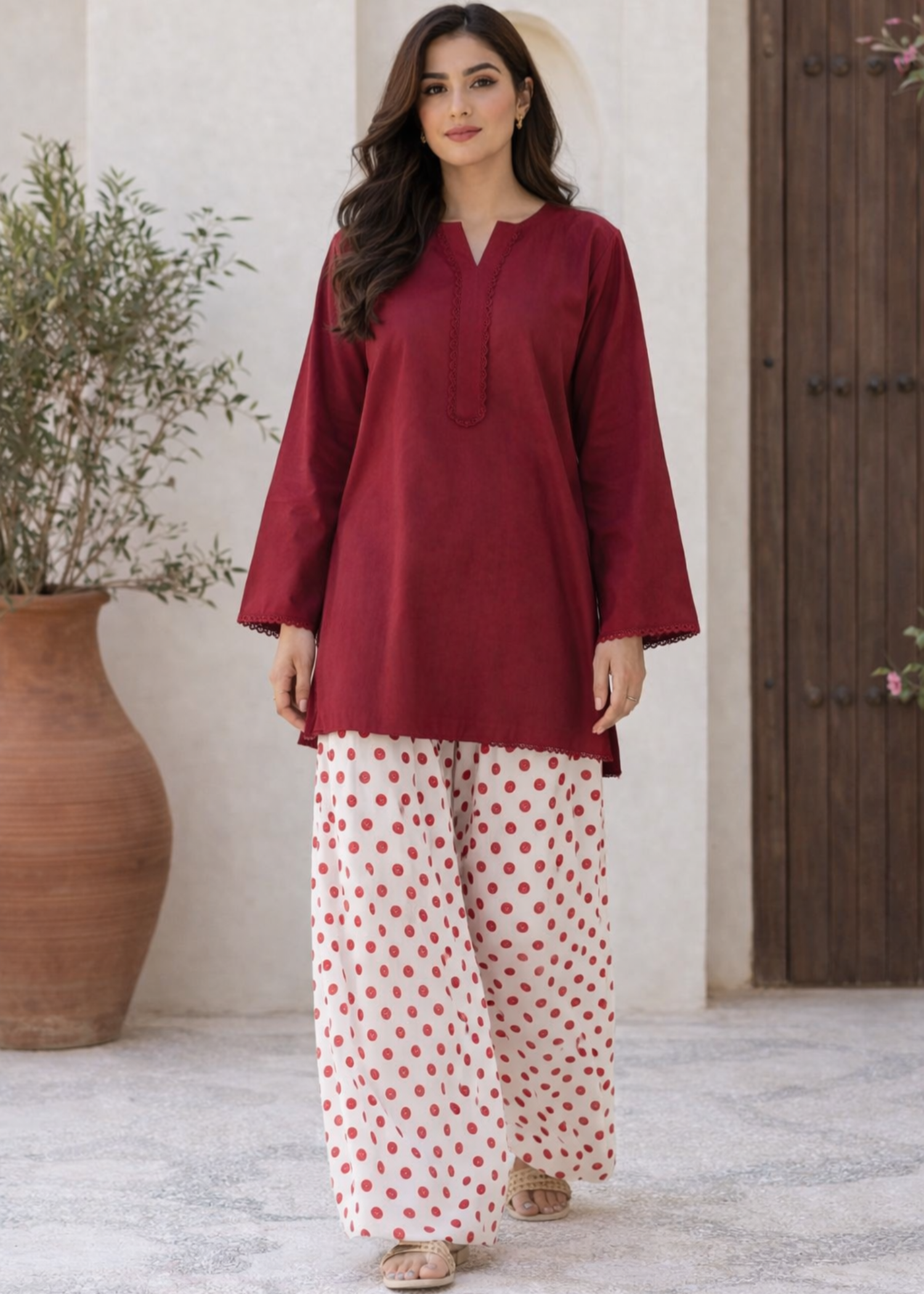arabic lawn Kurta Set in White, maroon