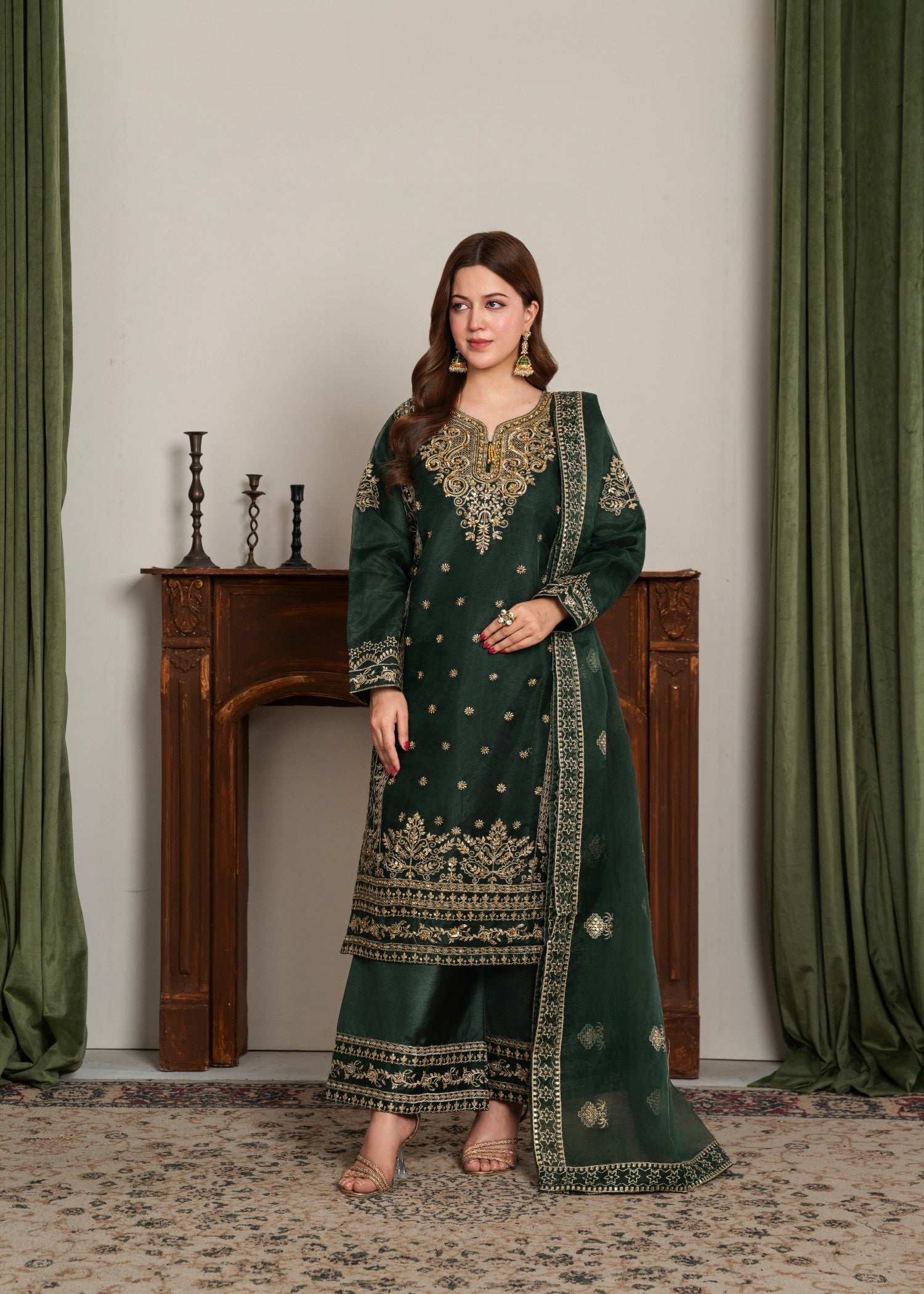 organza Kurta Set in Green