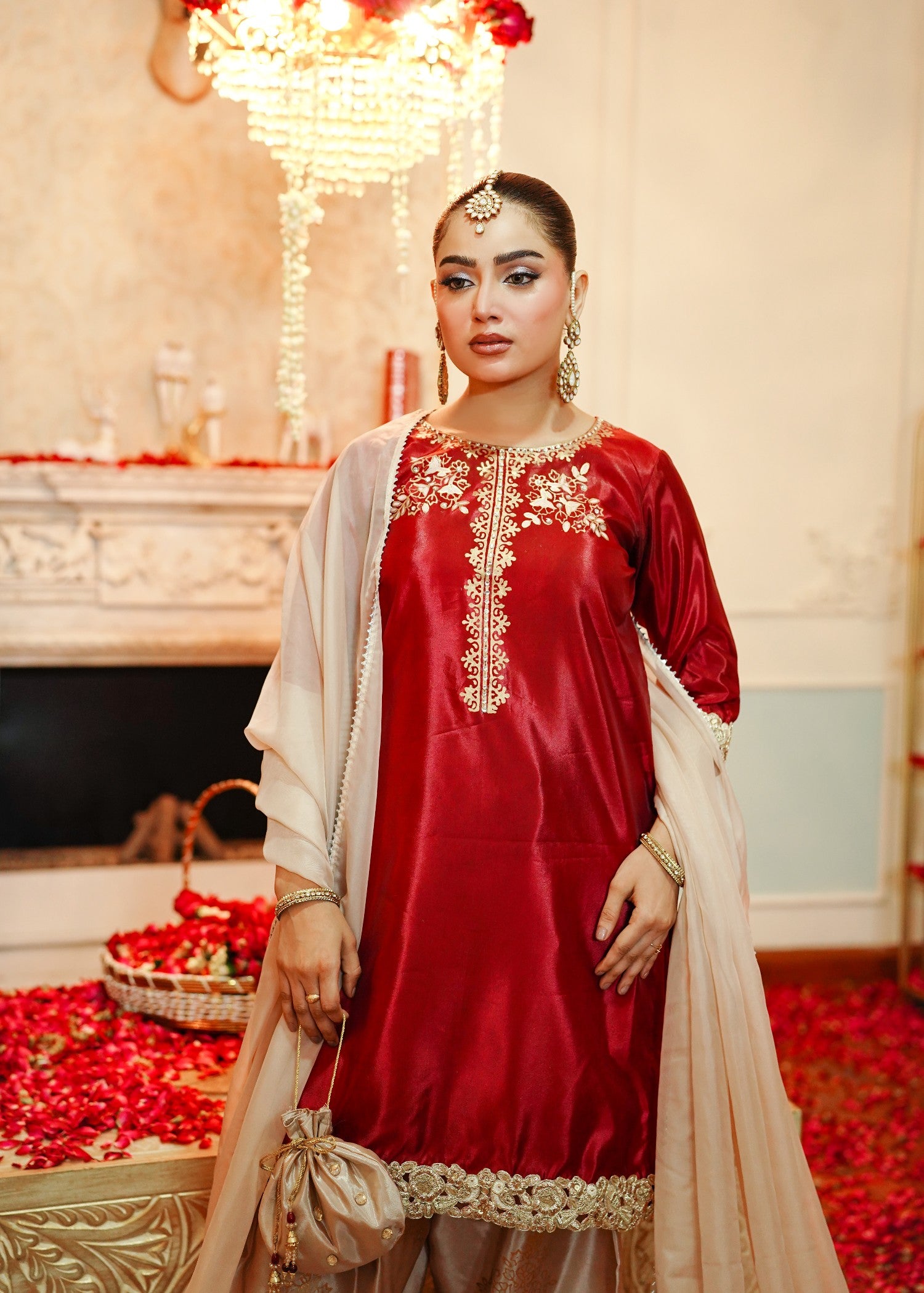 korean raw silk Kurta Set in Red, gold