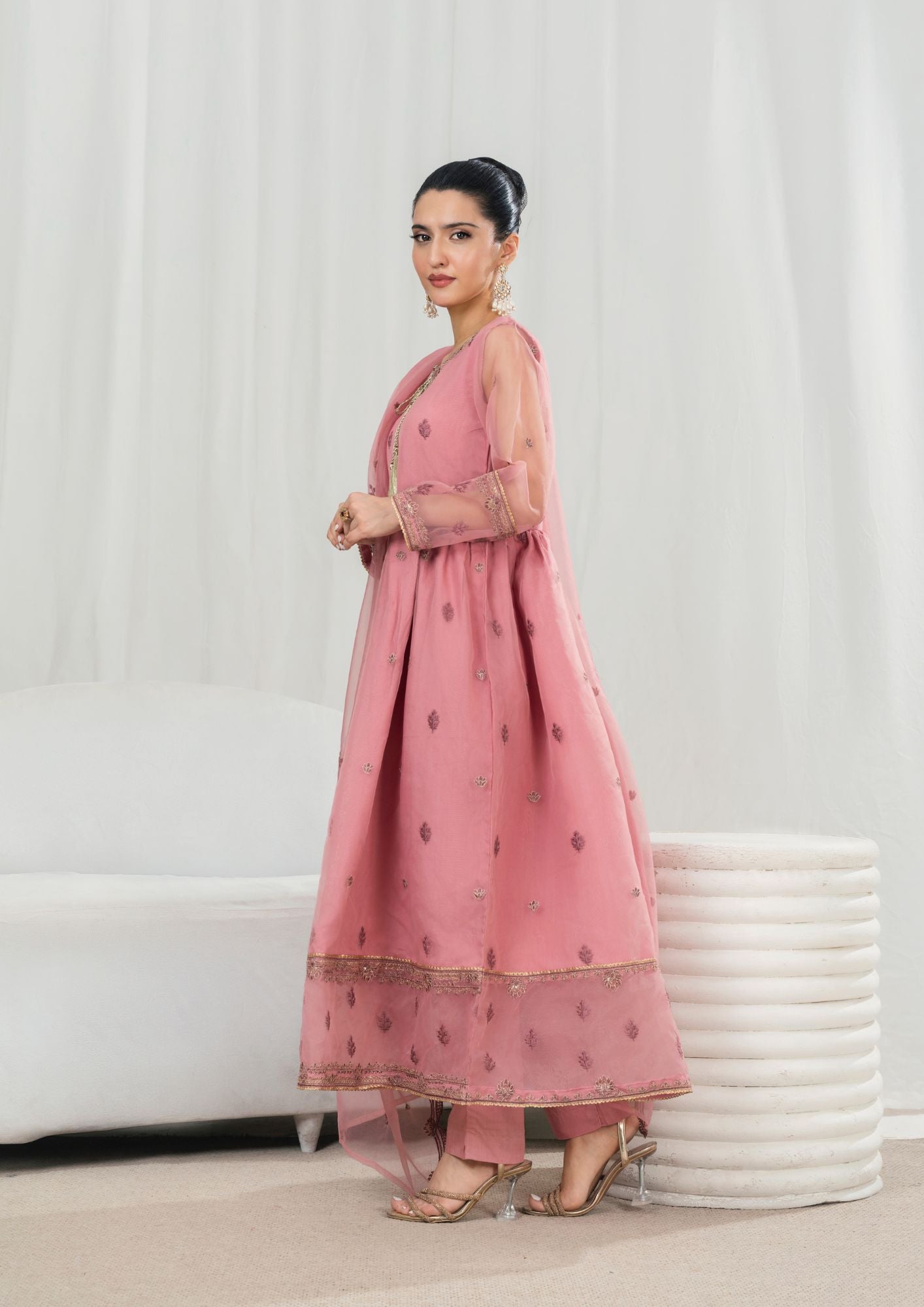 organza Pishwas in Tea rose pink