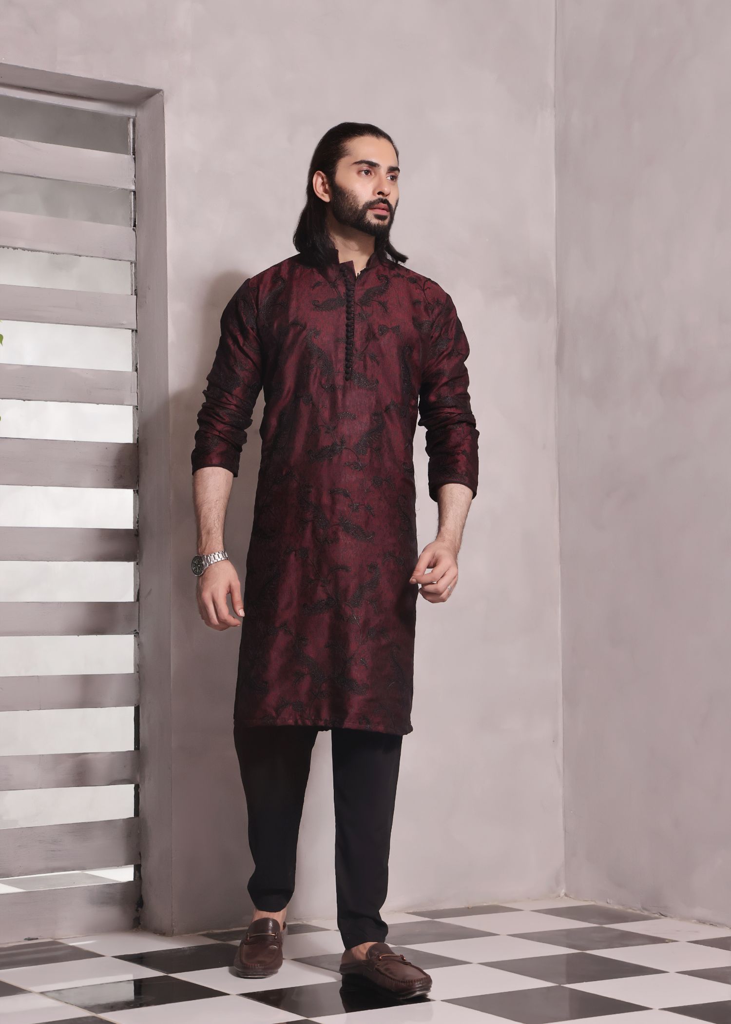 jamawar Kurta Set in Maroon