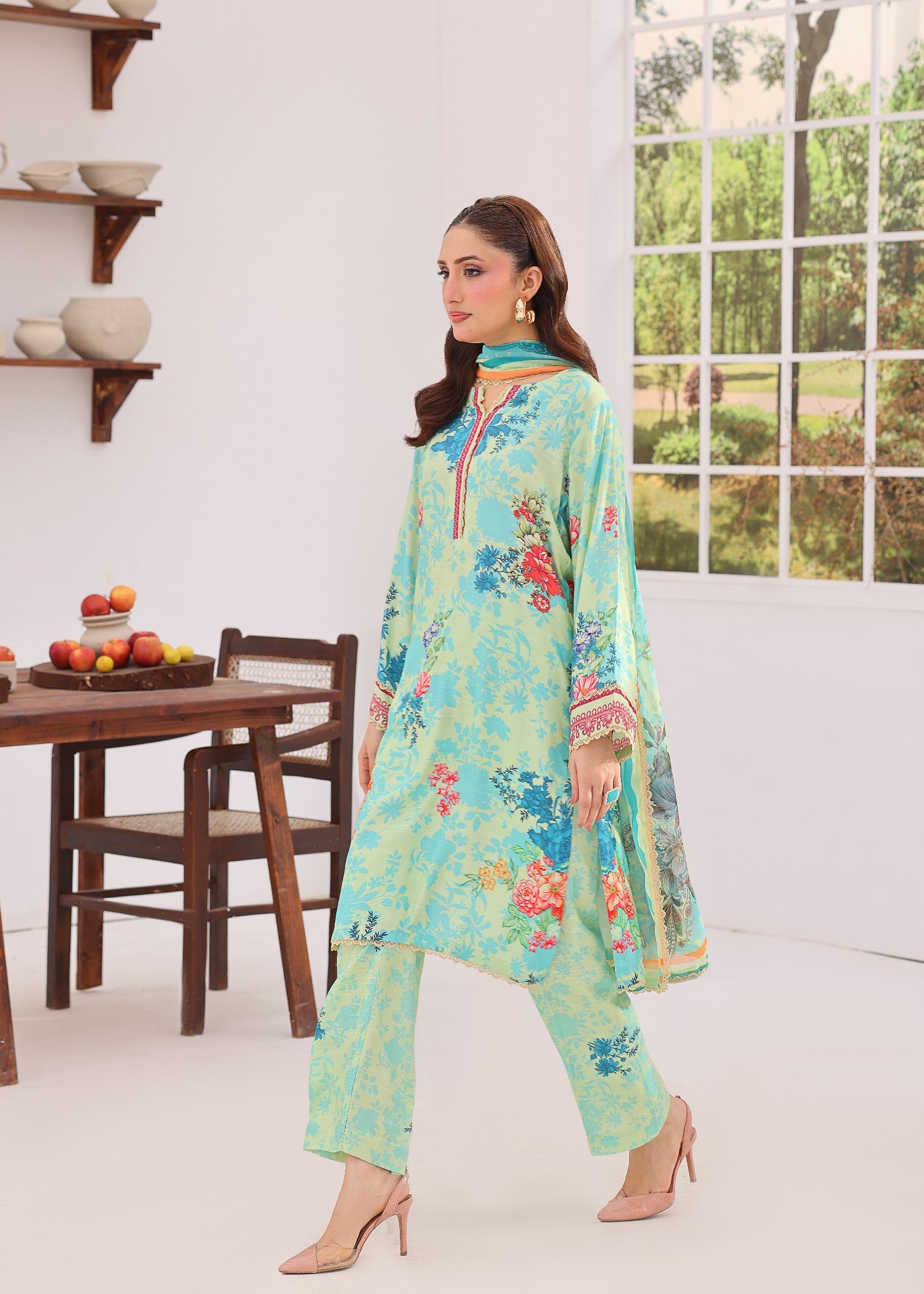 viscose raw silk Kurta Set in Mint green