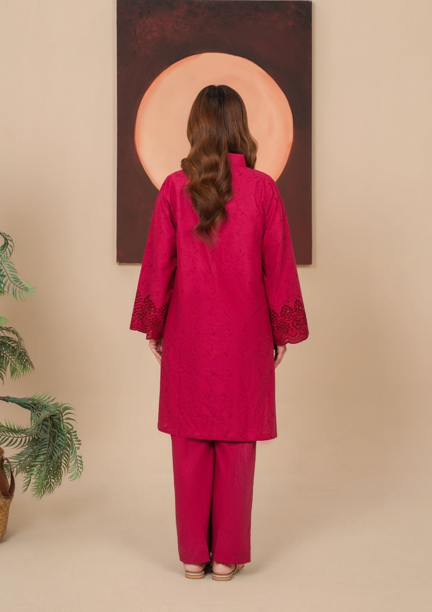 cambric Kurta Set in Rose red