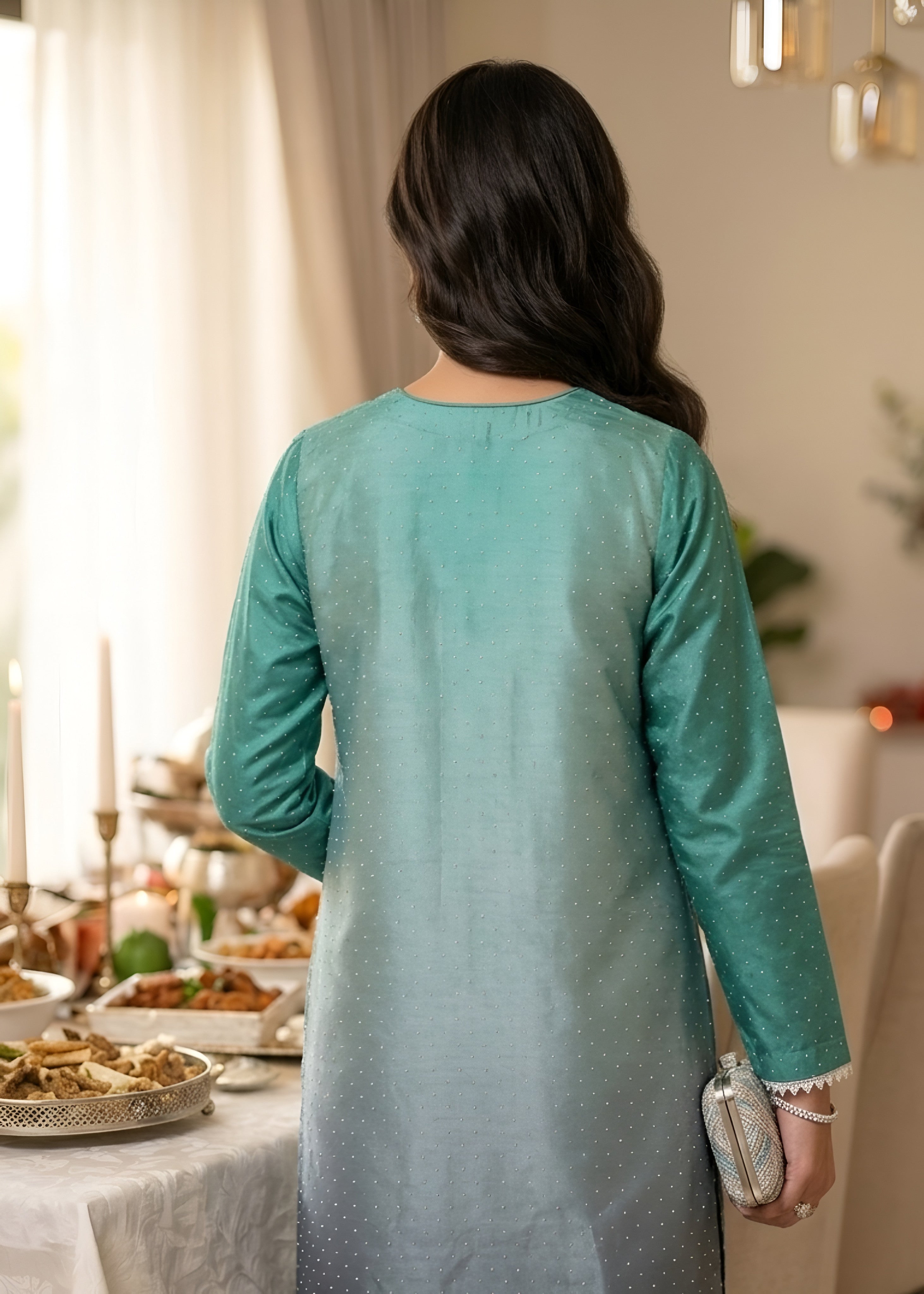 chiffon silk Kurta Set in Teal, emerald green, steel teal