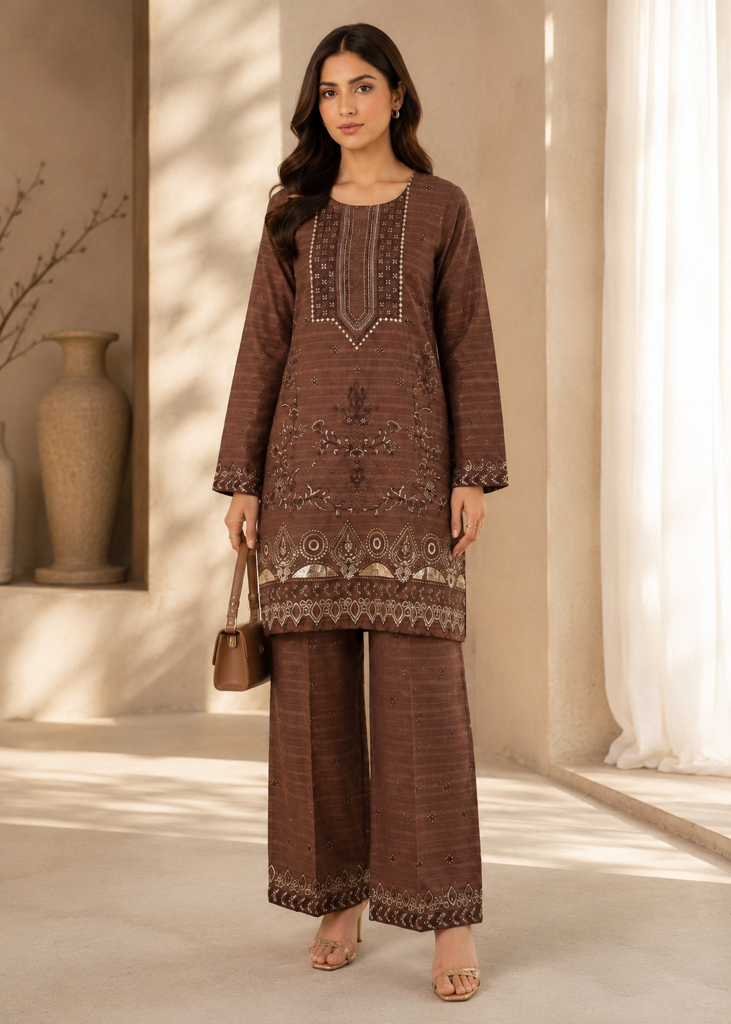 lawn Kurta Set in Brown