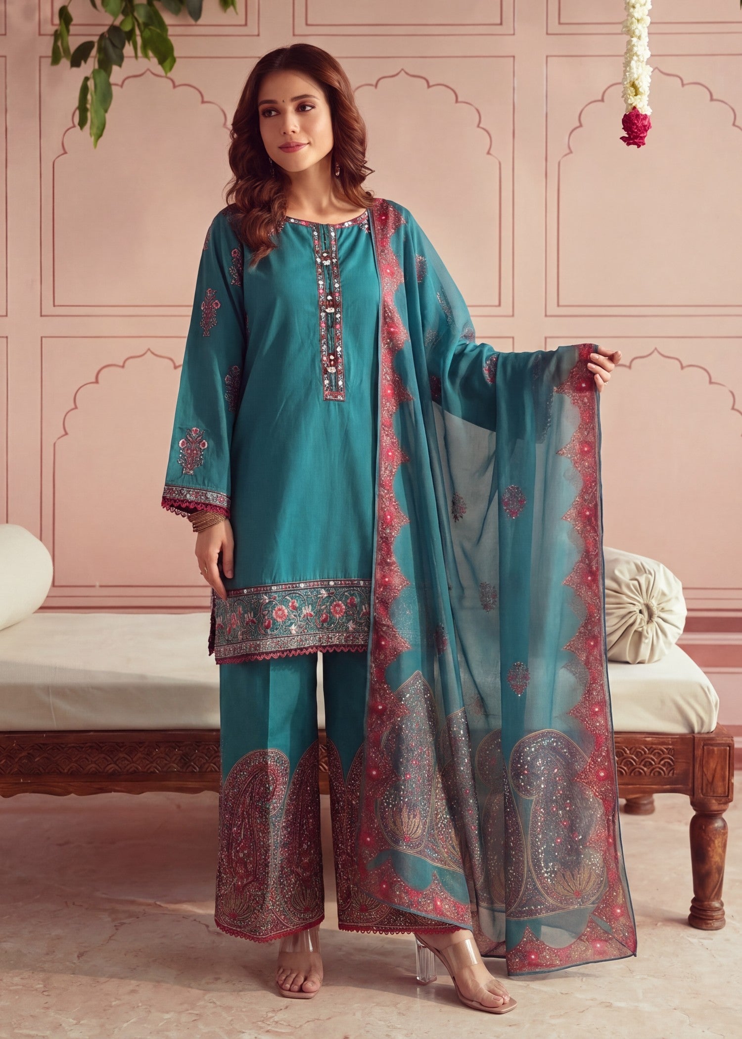 lawn Kurta Set in Teal, dark cyan