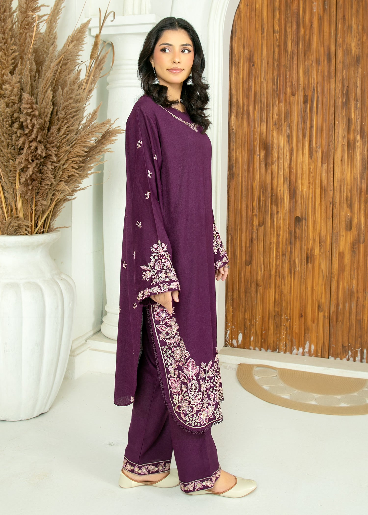 peach wool Kurta Set in Plum
