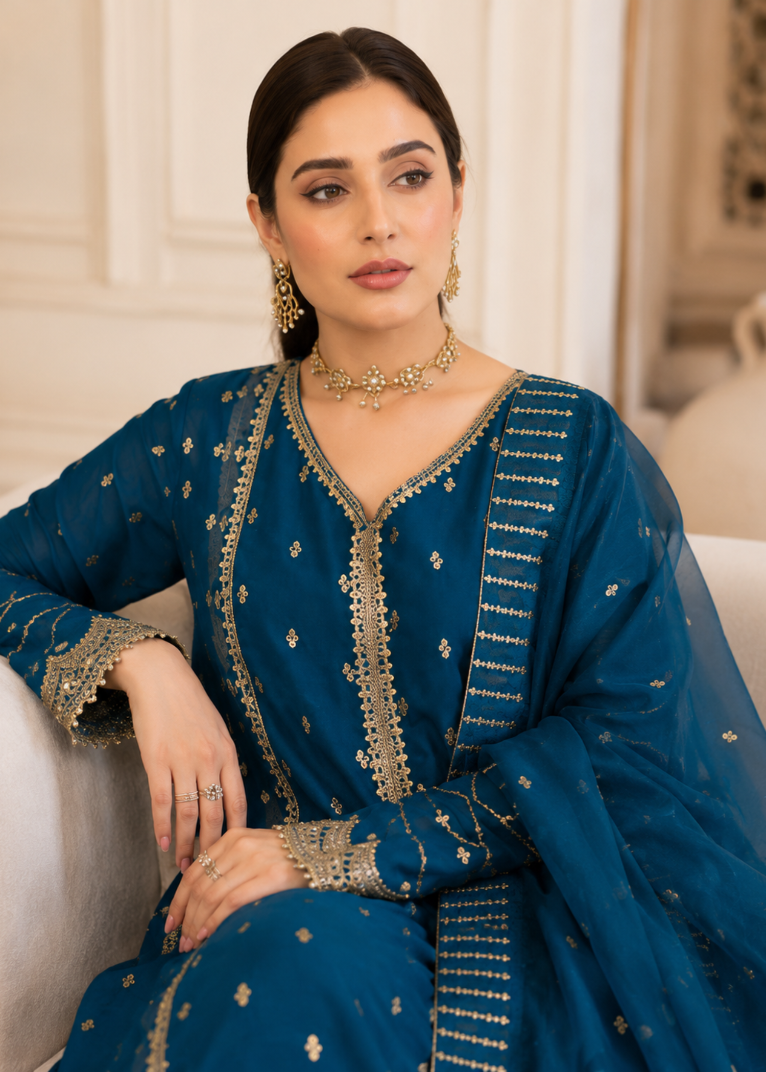 crinkle chiffon Anarkali in Yale blue